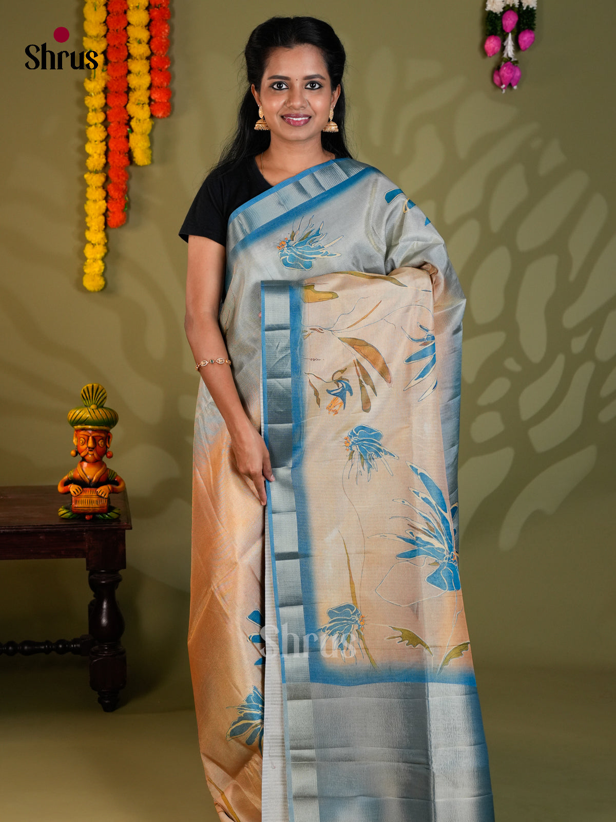 Peach & Blue - Semi Rawsilk - Saree-EAS22037 - Shop on Shrus.com