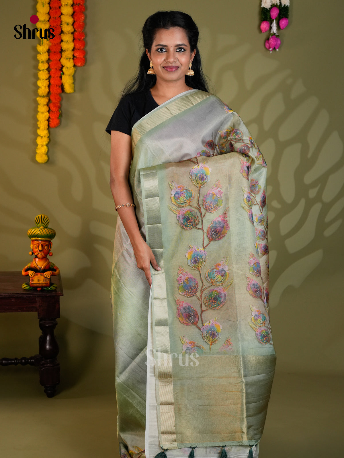 Grey Green - Semi Rawsilk - Saree- EAS22038 - Shop on Shrus.com