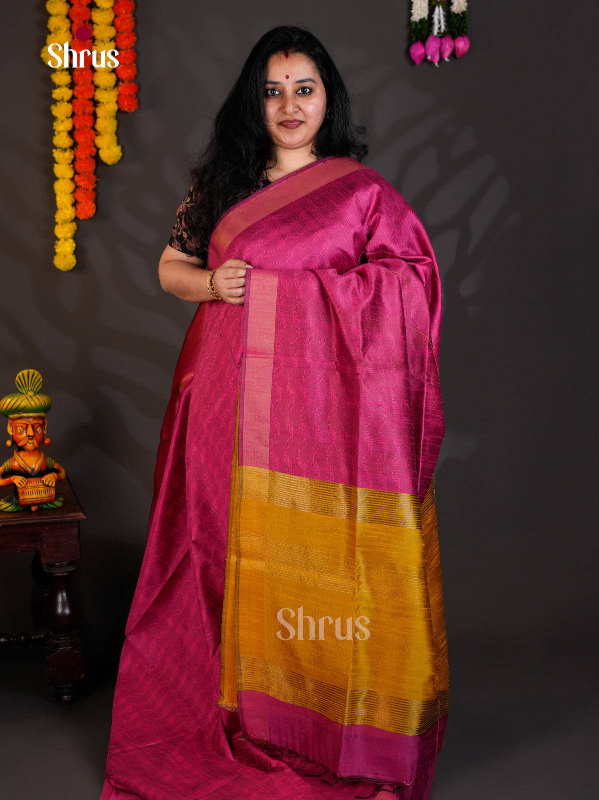 Majenta Pink & Mustardy Green - EAS24013 - Semi Rawsilk - Saree - Shop on Shrus.com
