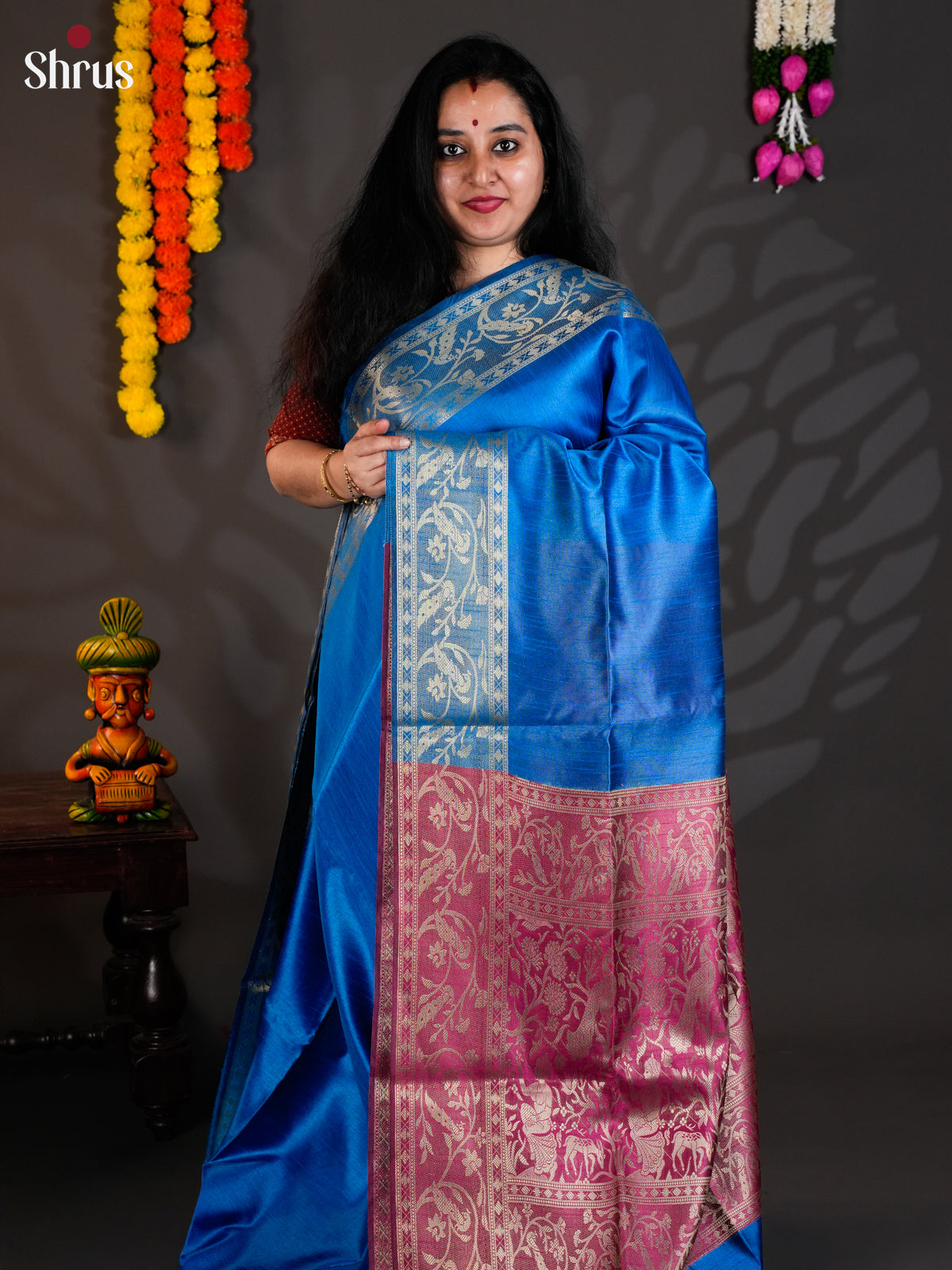 Blue & Pink - EAS24044 - Semi Rawsilk - Saree