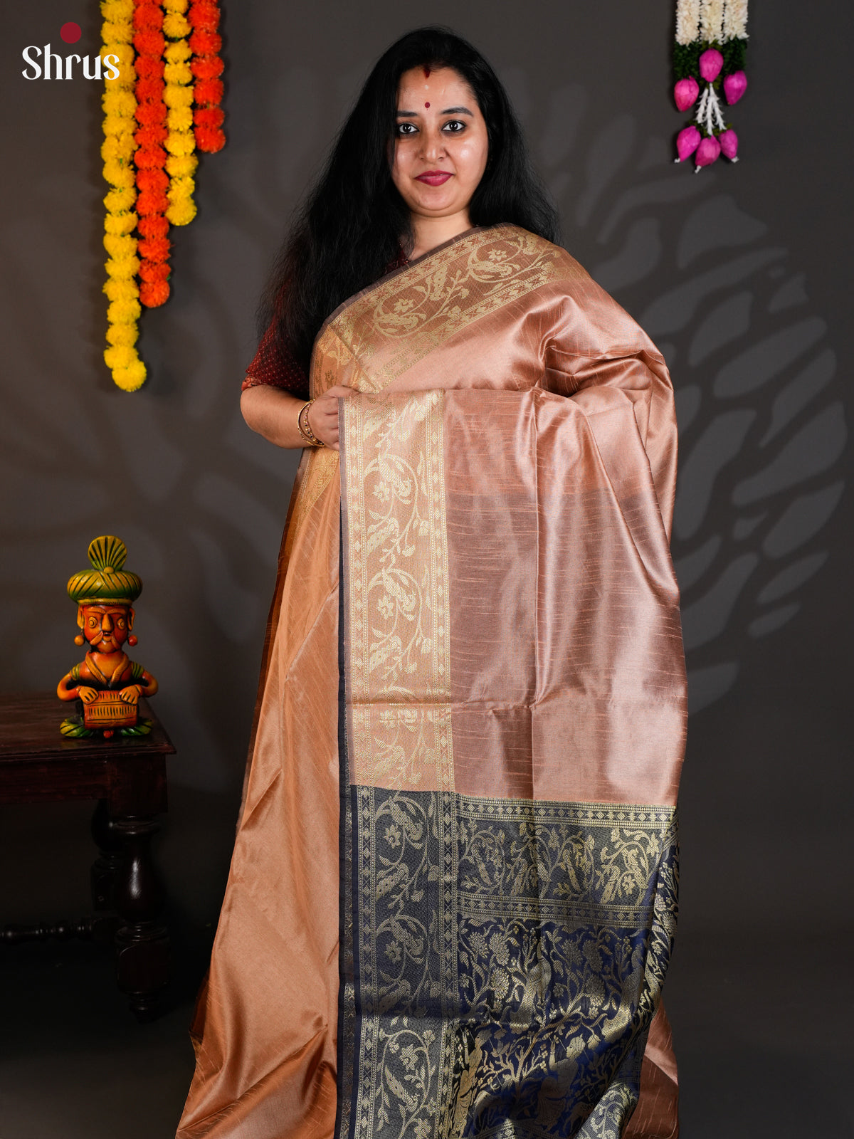 Dusty Pink & Blue - Semi Rawsilk - Saree-EAS24045