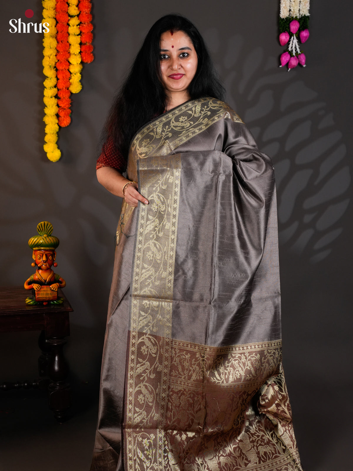 Grey & Brown- Semi Rawsilk - Saree- EAS24051