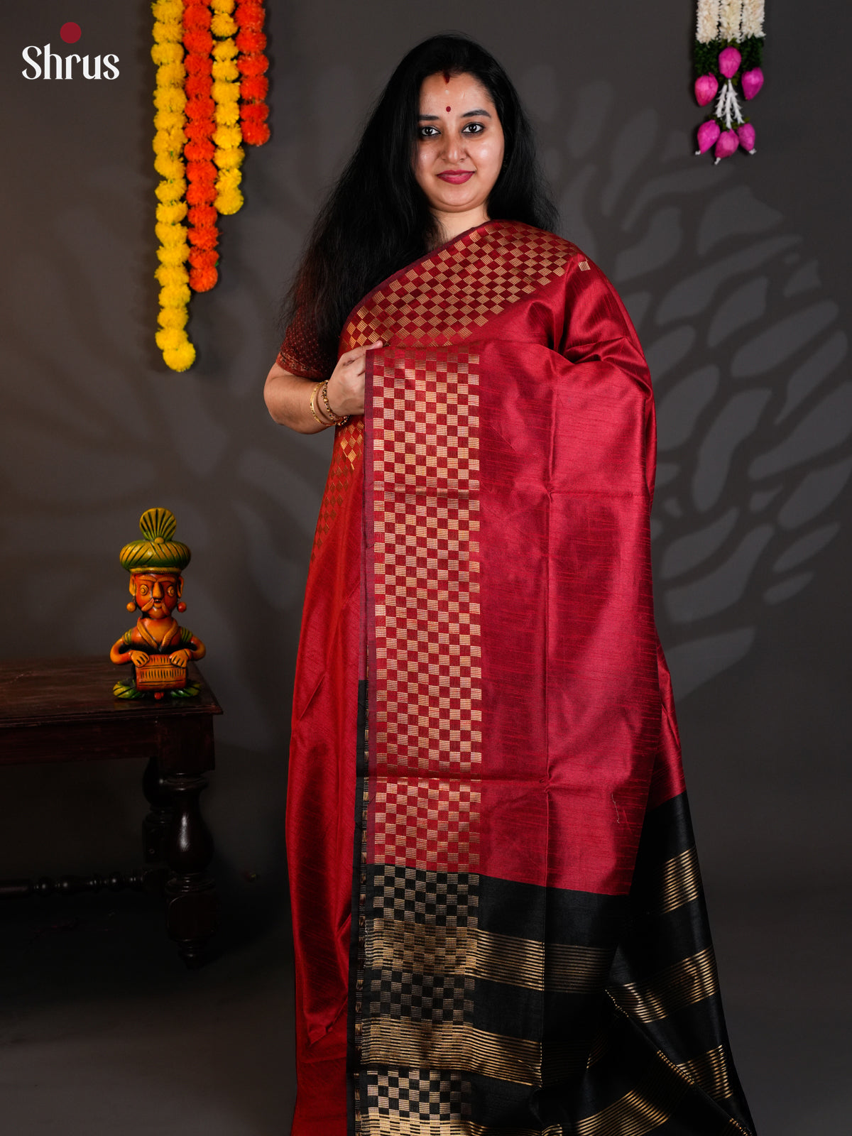 Red & Black - Semi Rawsilk - Saree-EAS24082