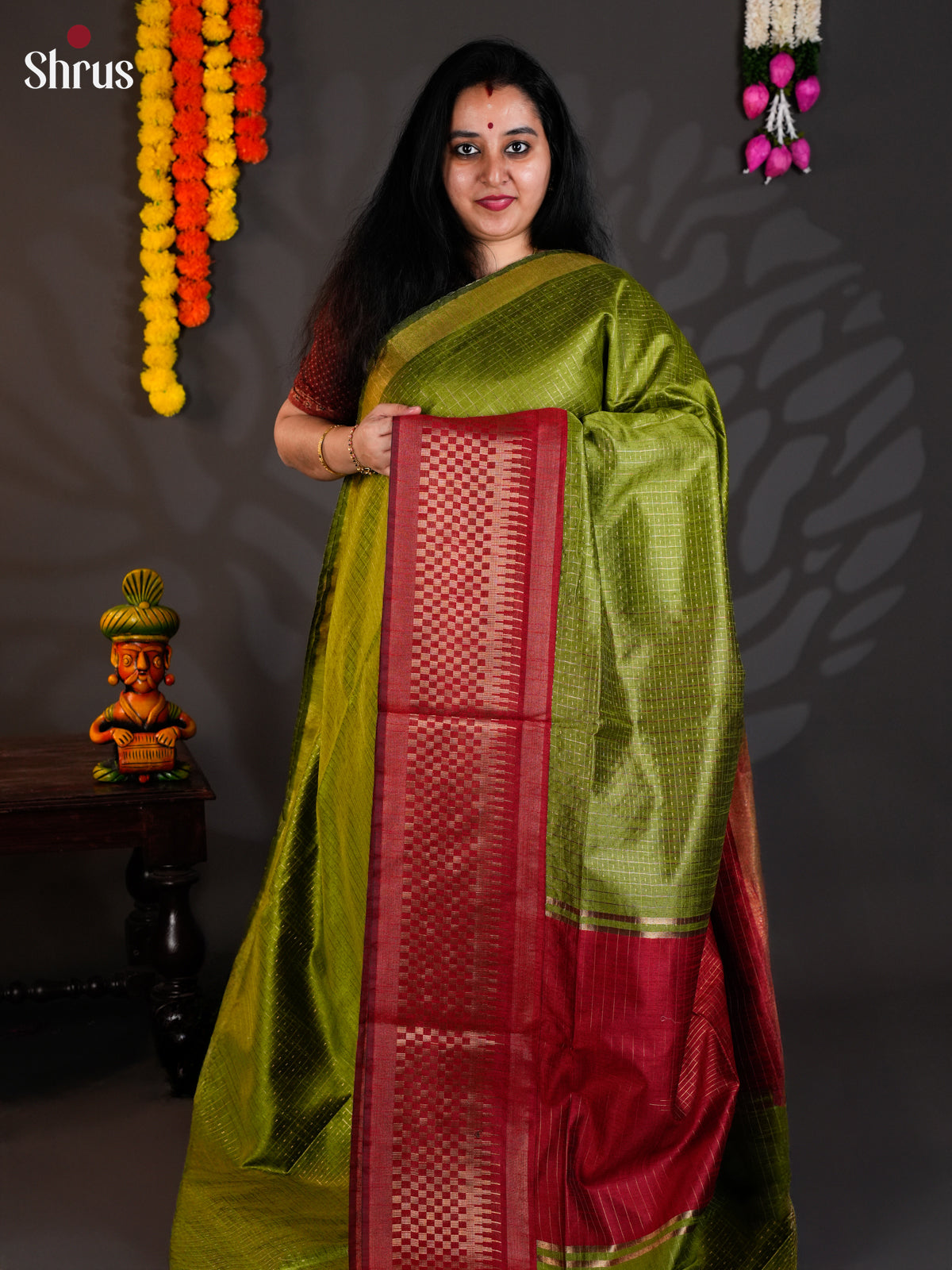 Green & Red - Semi Rawsilk - Saree-EAS24102 - Shop on Shrus.com