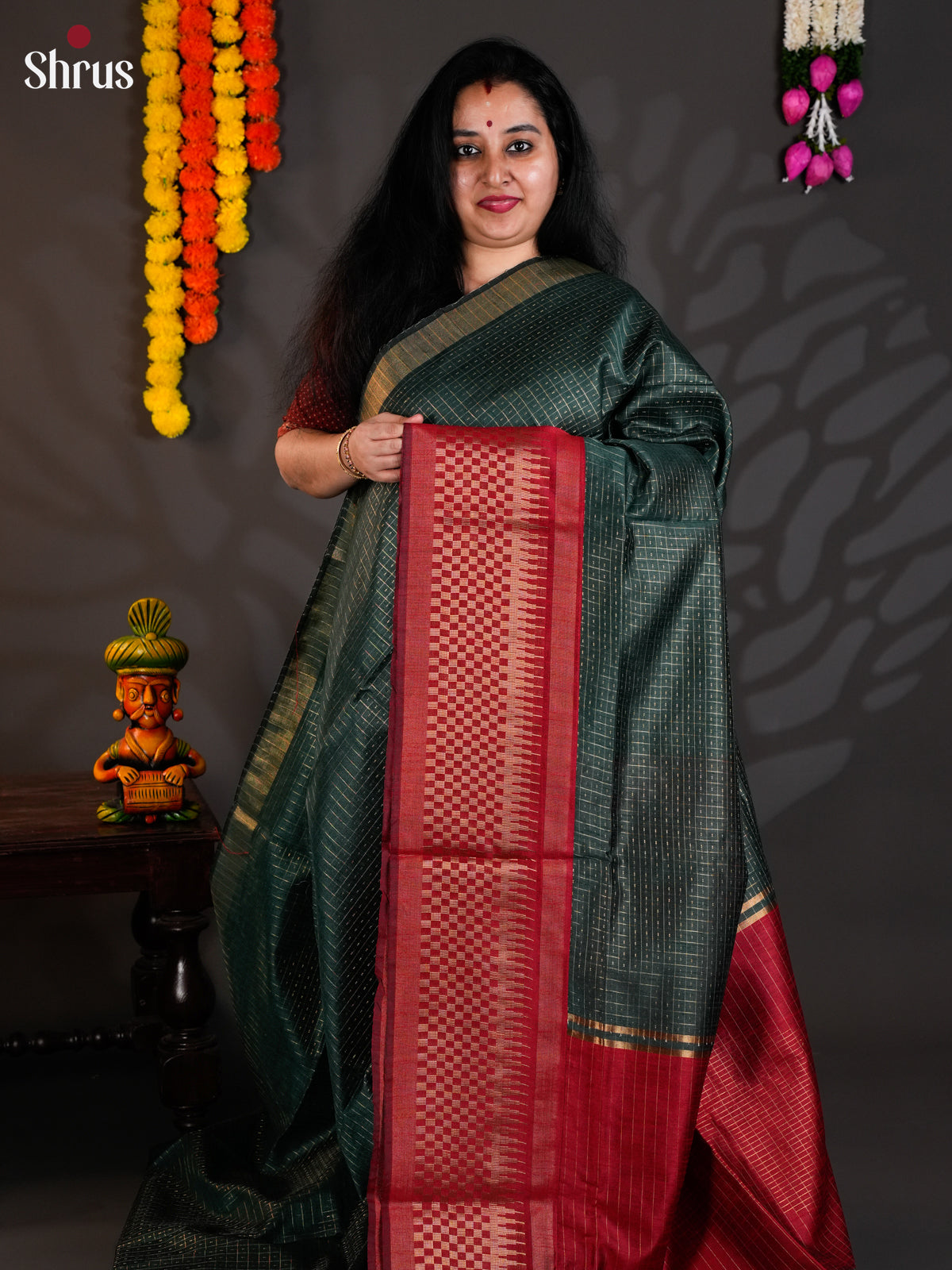 dark Green & Red- Semi Rawsilk - Saree -EAS24109 - Shop on Shrus.com