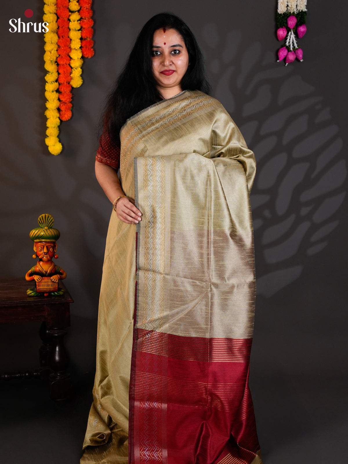 Grey & Red - Semi Rawsilk - Saree- EAS24118 - Shop on Shrus.com