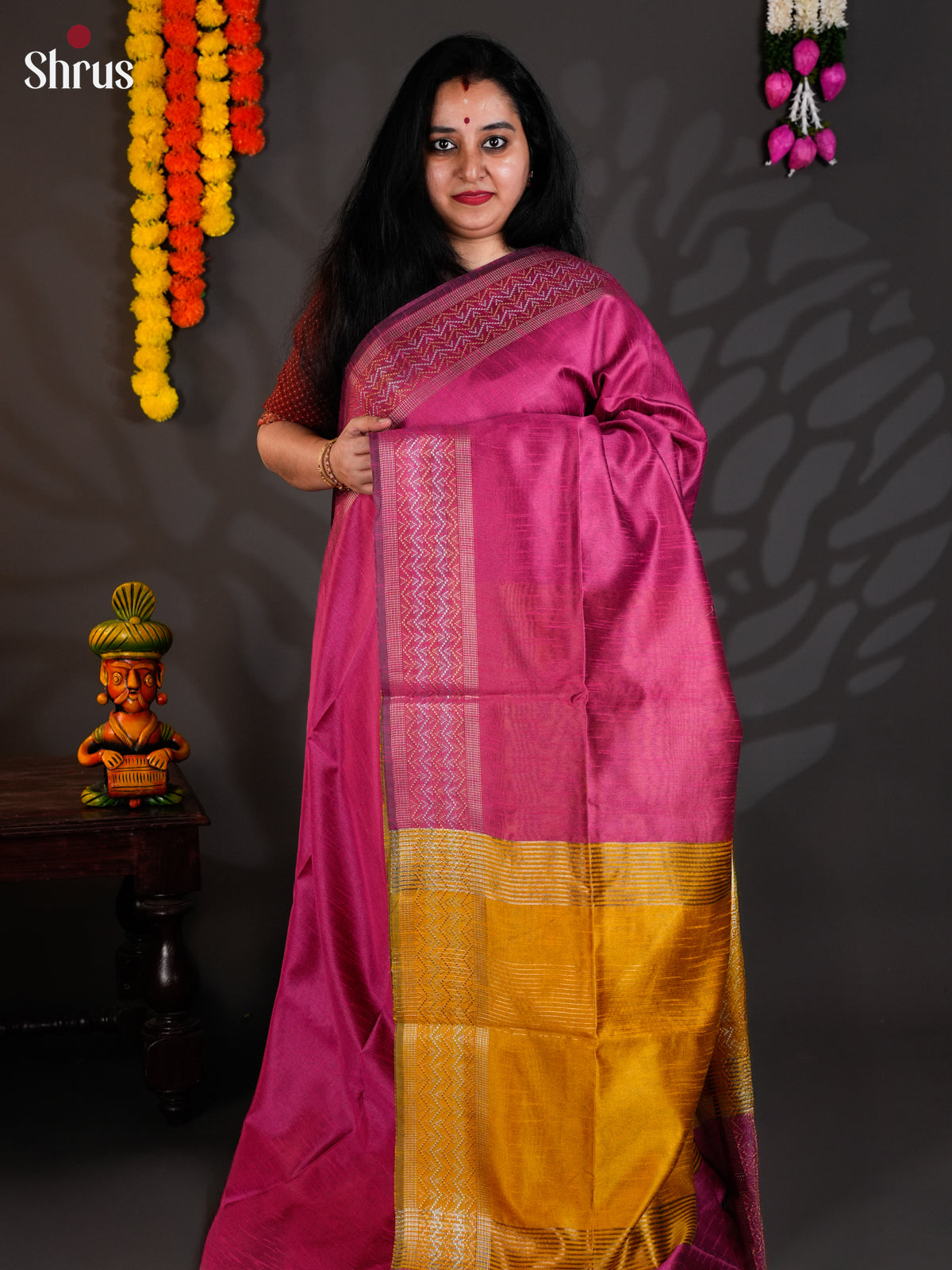 Pink & Mustard- Semi Rawsilk - Saree EAS24122