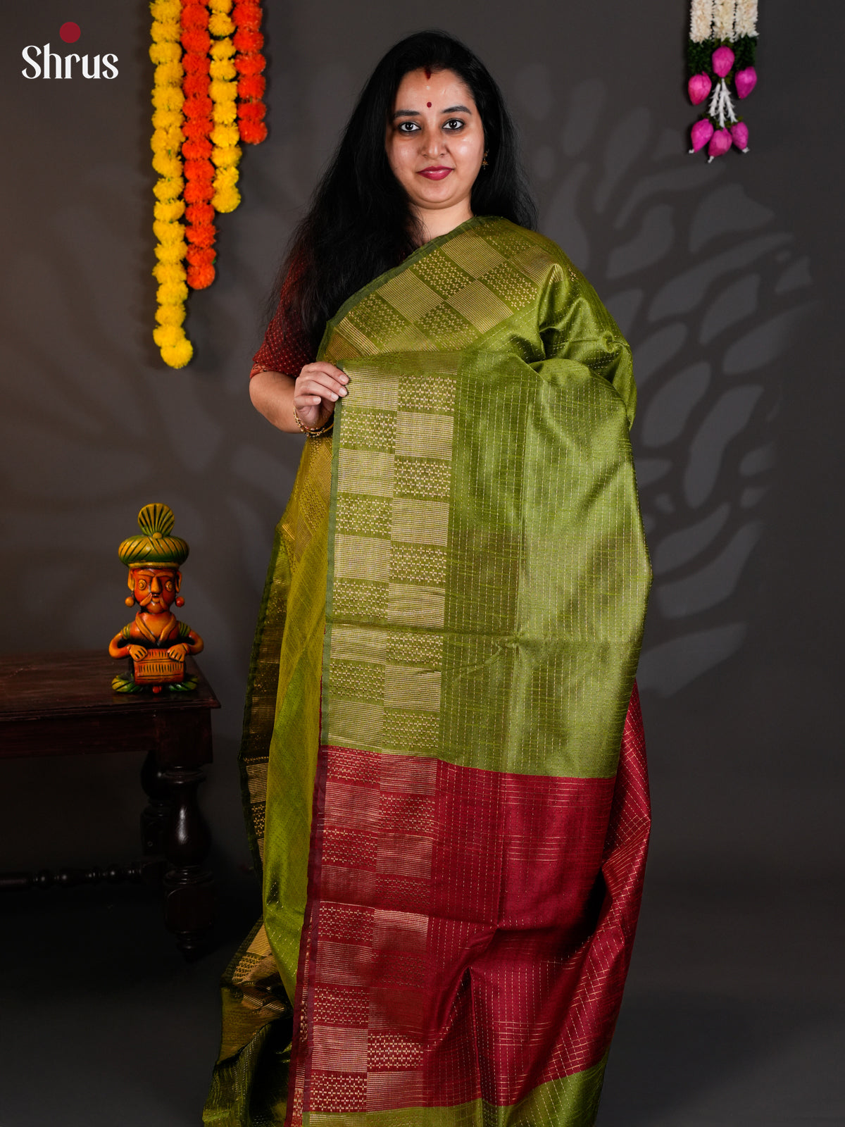 Green & Red - Semi Rawsilk - Saree - EAS24126