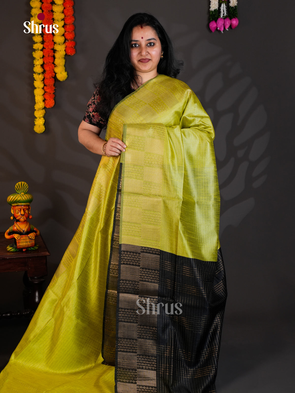 Light Green & Black - Semi Rawsilk - Saree-EAS24133 - Shop on Shrus.com