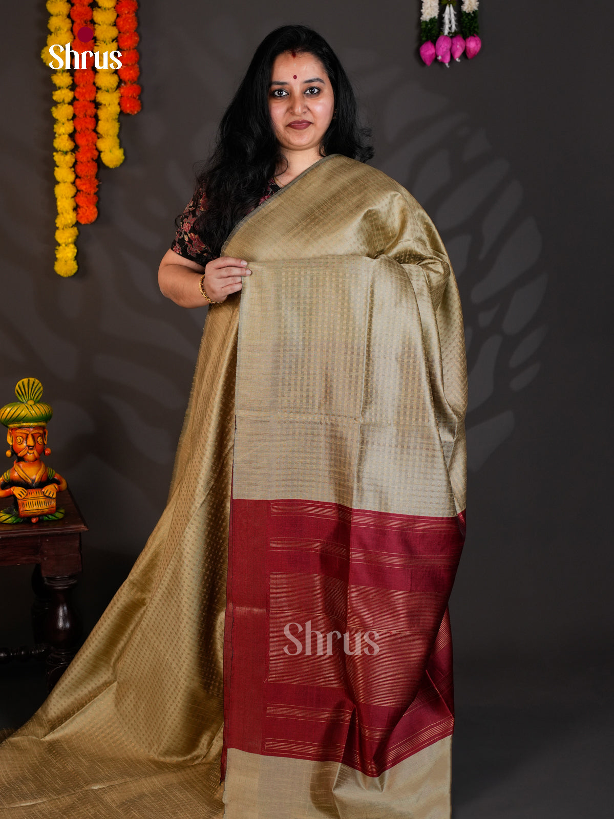 Grey & Maroon -EAS24145 - Semi Rawsilk - Saree