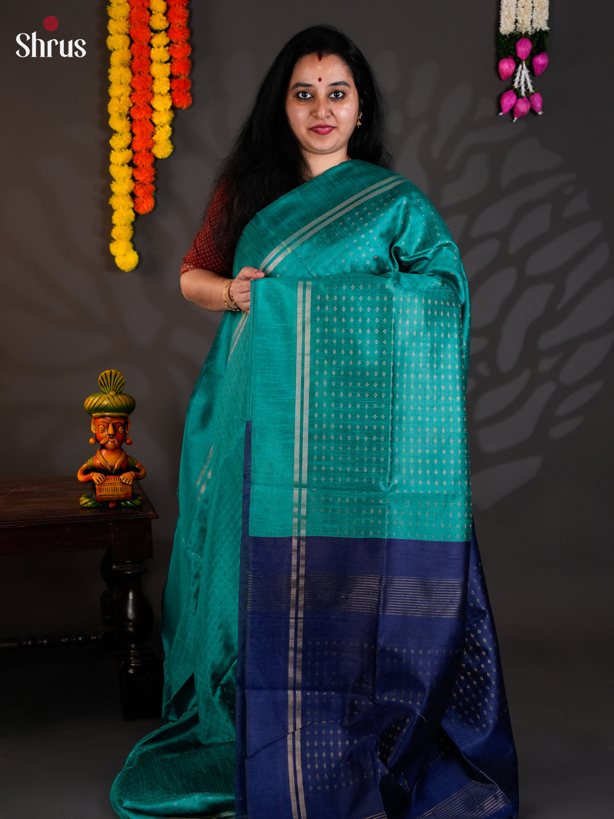 Green & Blue - Semi Rawsilk - Saree -EAS24196 - Shop on Shrus.com