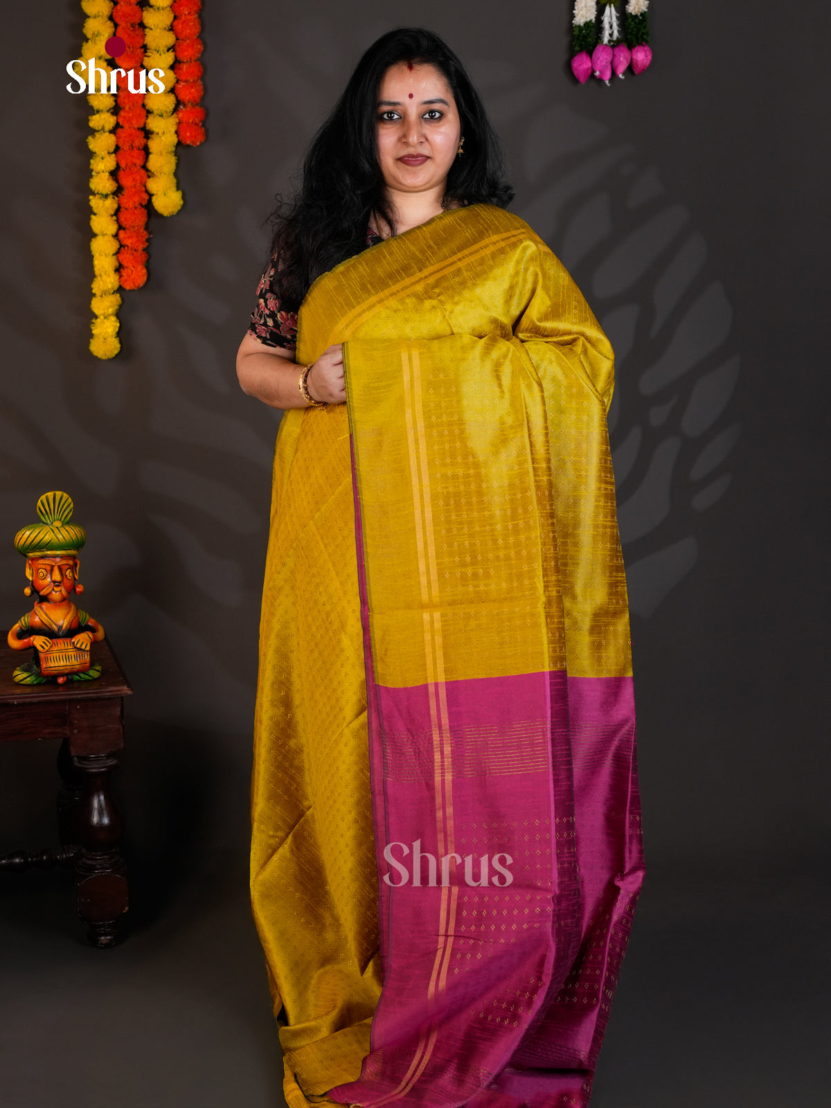 Mustardy Green & Pink - Semi Rawsilk - Saree-EAS24199 - Shop on Shrus.com
