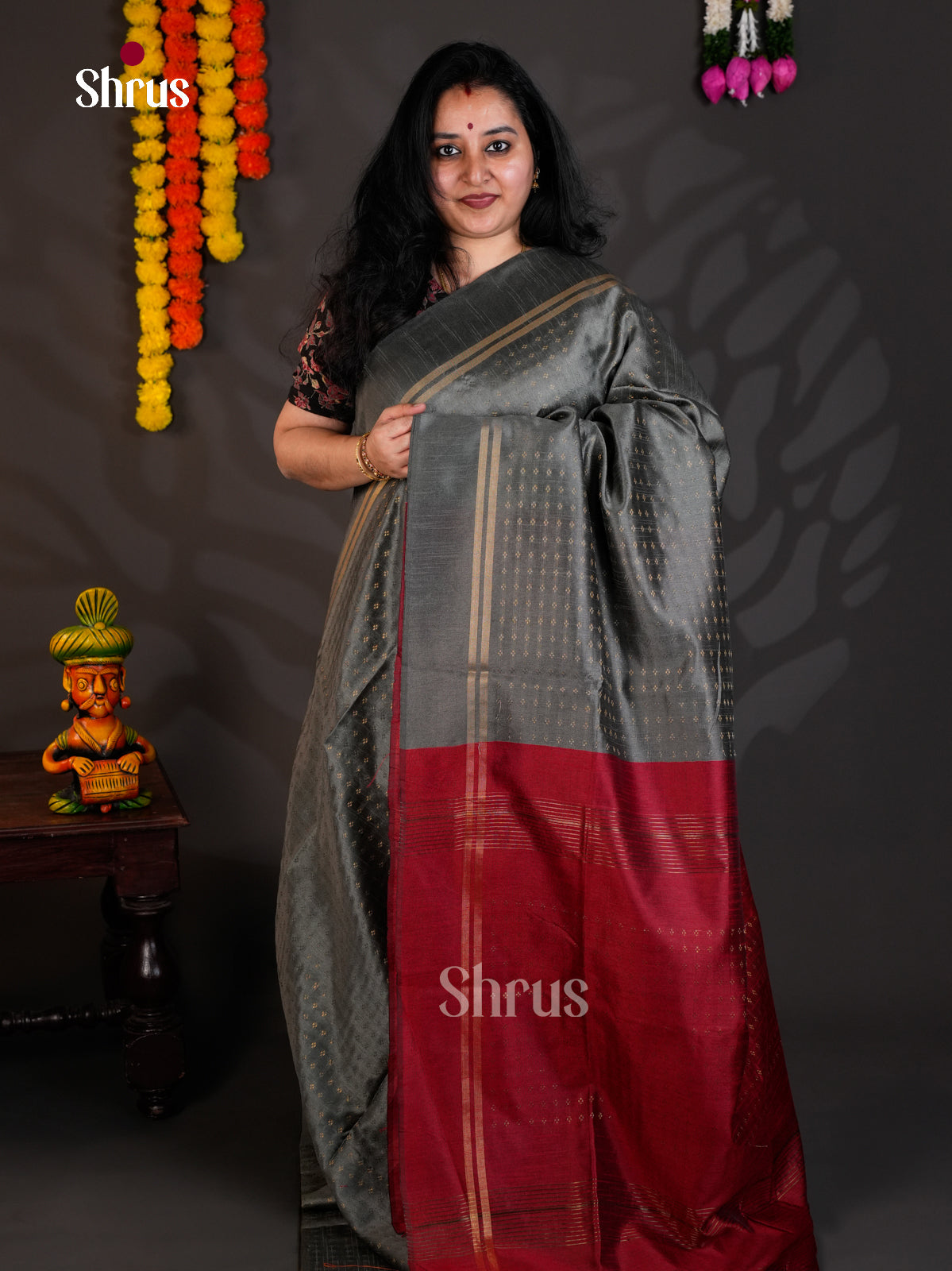 Grey & Red - Semi Rawsilk - Saree-EAS24205 - Shop on Shrus.com