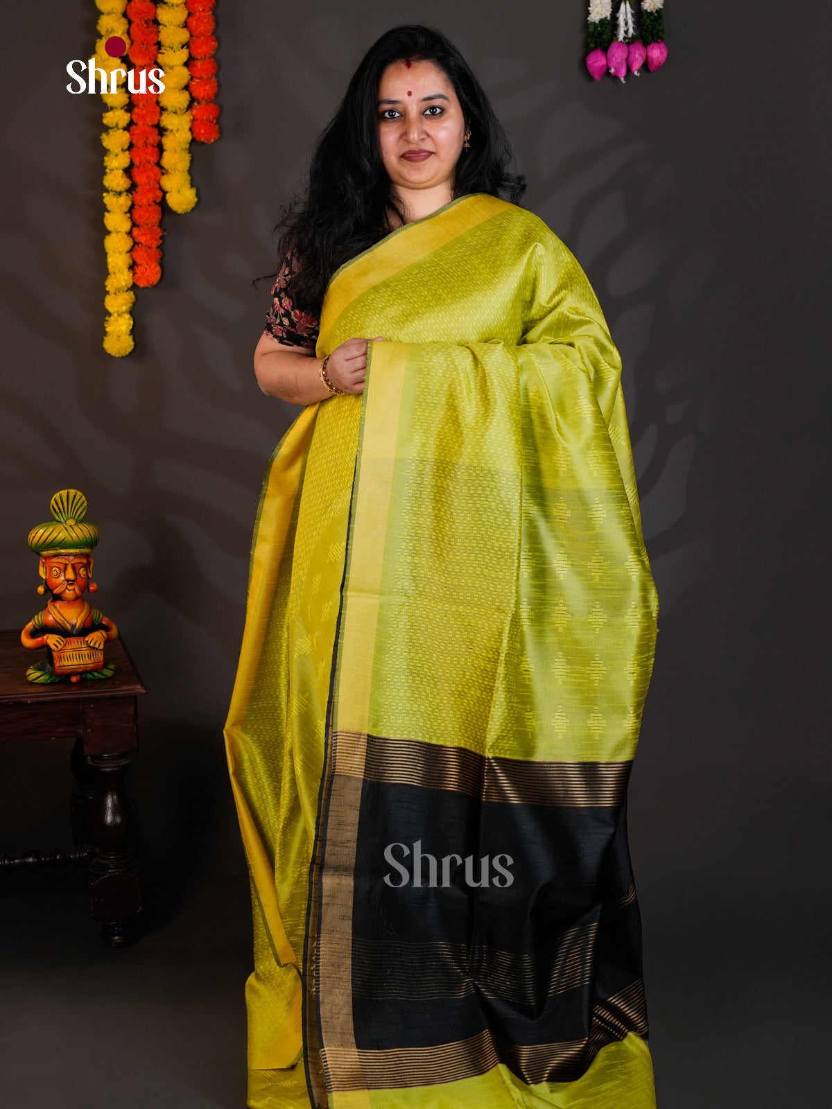 Lime Green & Black - Semi Rawsilk - Saree-EAS24240 - Shop on Shrus.com