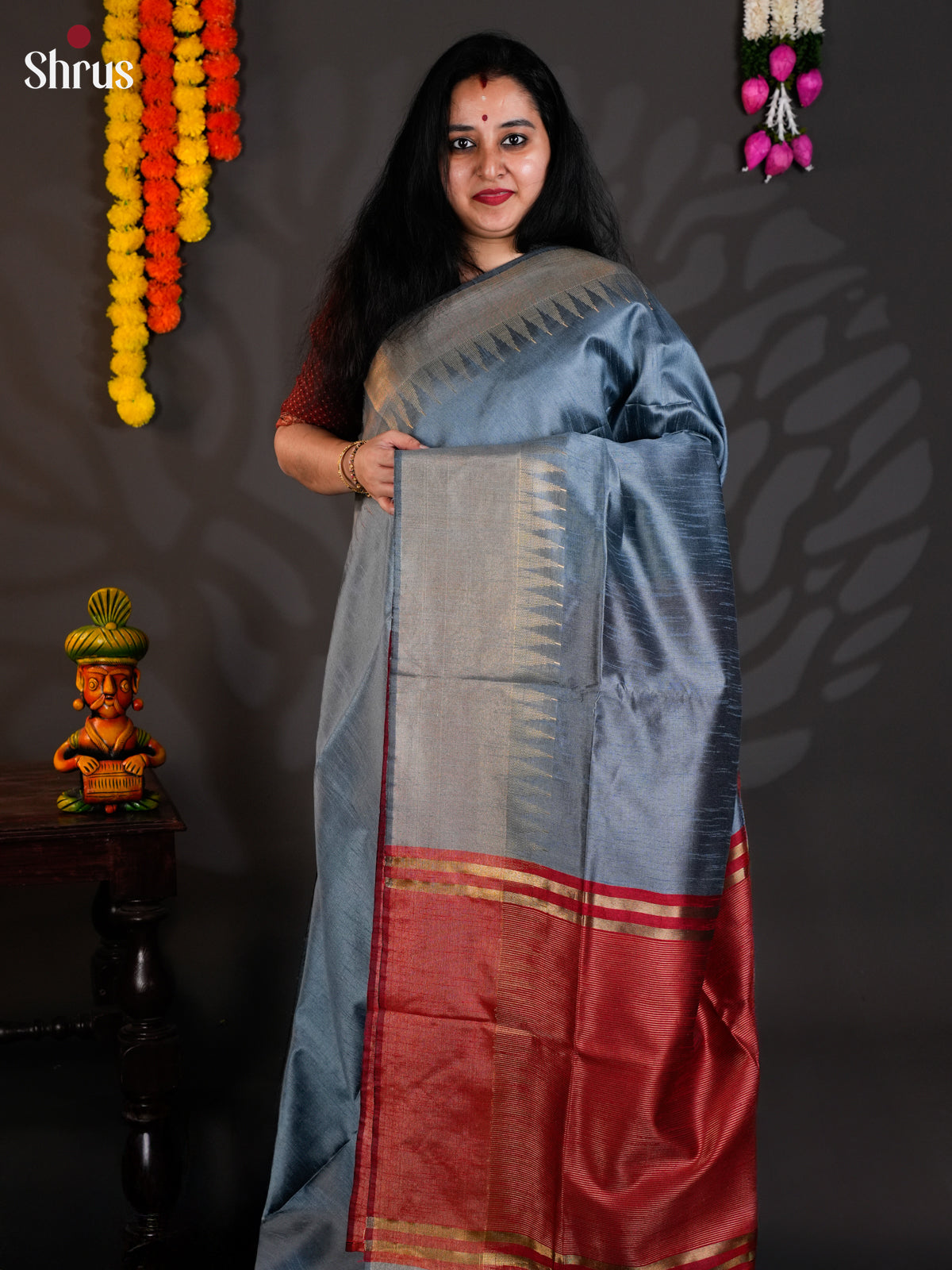 Blue & Red - Semi Rawsilk - Saree- EAS24267