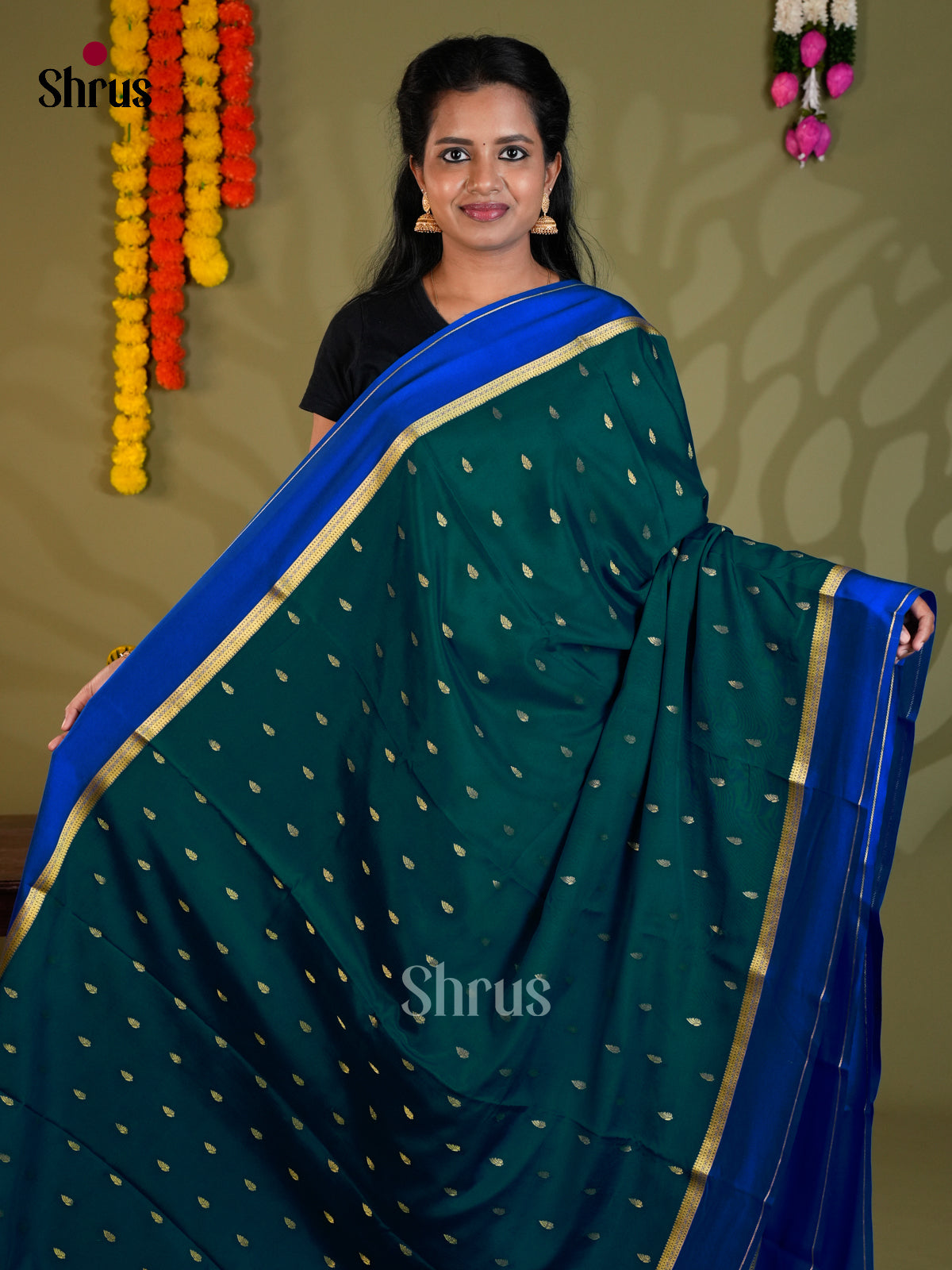Classy Green & Blue Mysore Silk Saree with gold zari buttas - EAS24341 - Shop on Shrus.com