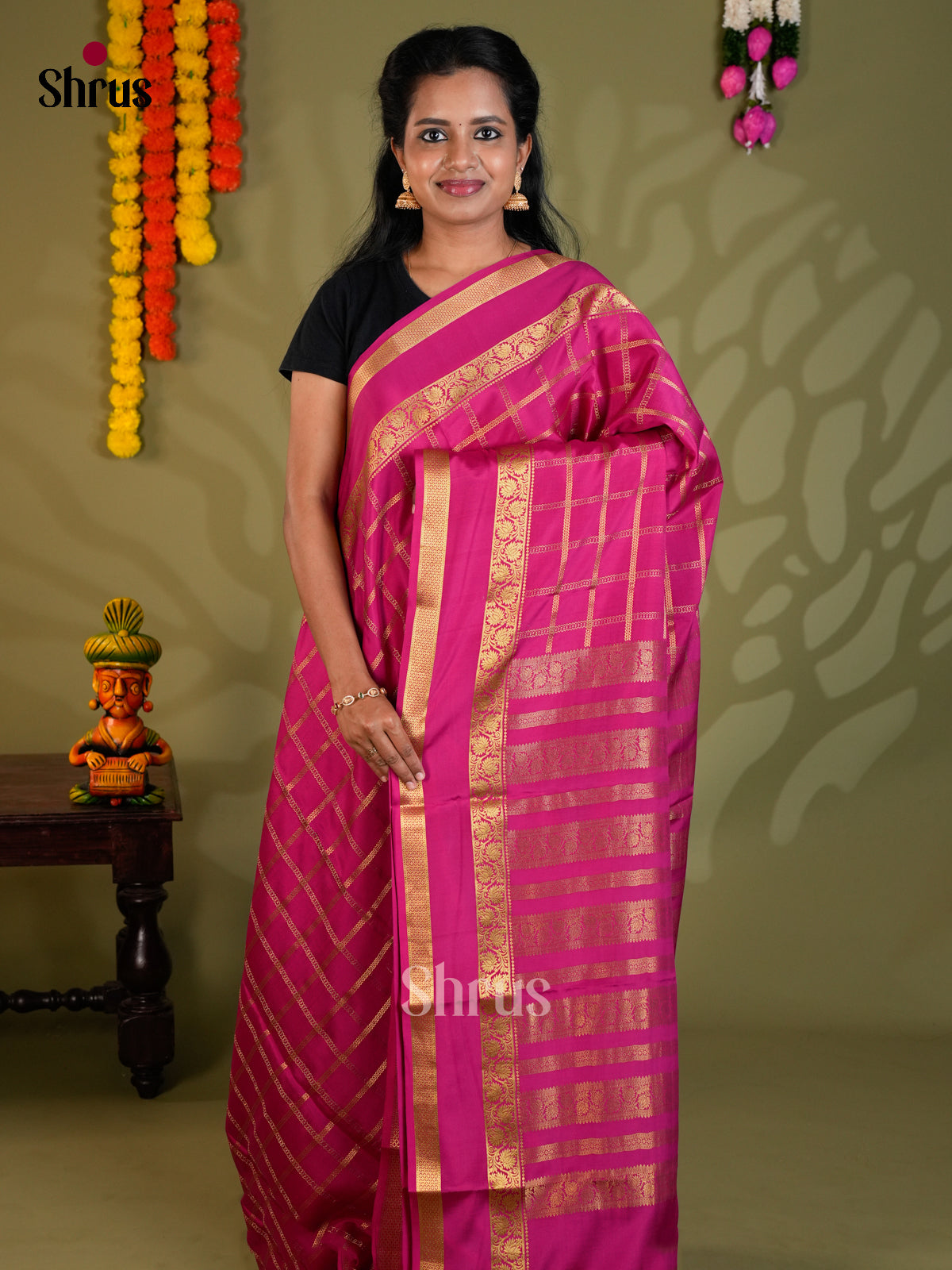 Gorgeous Pink Mysore Silk Saree with zari checks & rettaipet bodrer - EAS24359 - Shop on Shrus.com