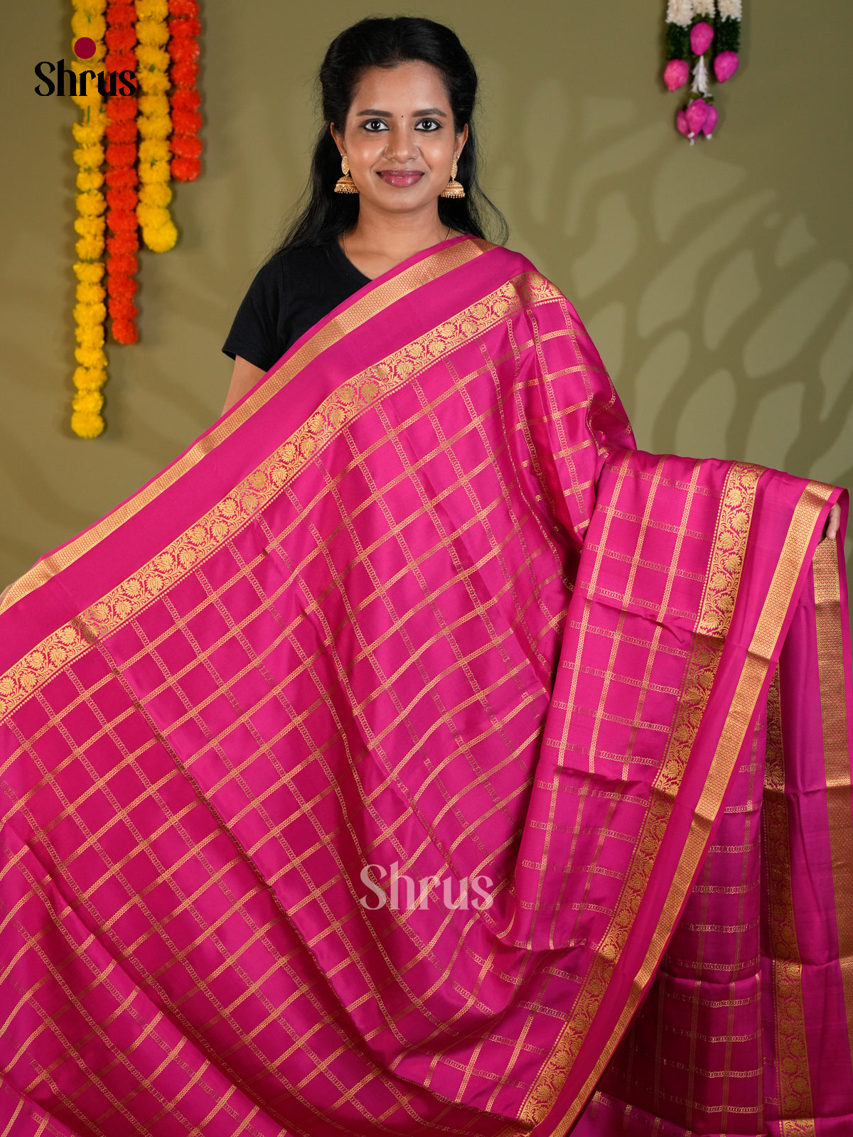 Gorgeous Pink Mysore Silk Saree with zari checks & rettaipet bodrer - EAS24359 - Shop on Shrus.com