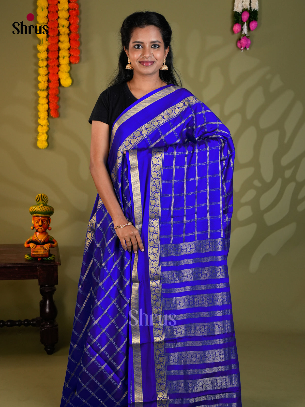 Royal Blue Mysore Silk Saree with zari checks & rettaipet border - Shop on Shrus.com