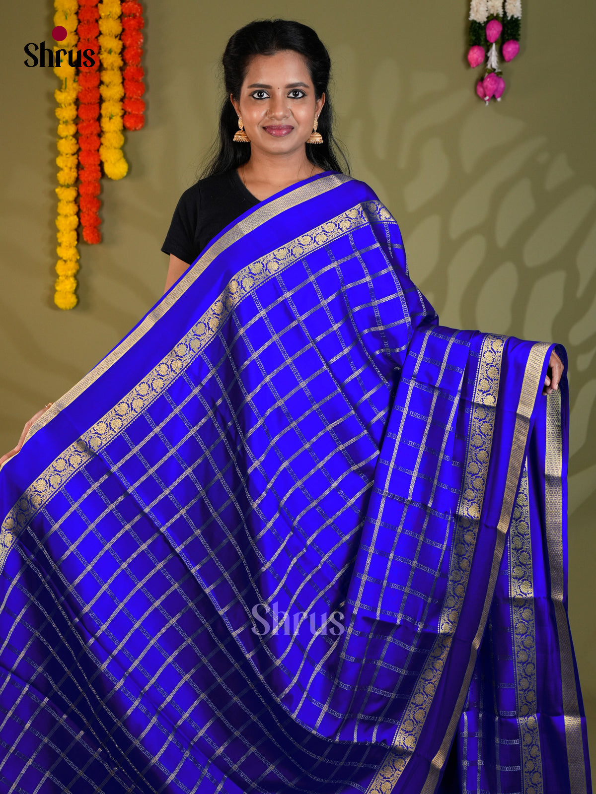 Royal Blue Mysore Silk Saree with zari checks & rettaipet border - Shop on Shrus.com