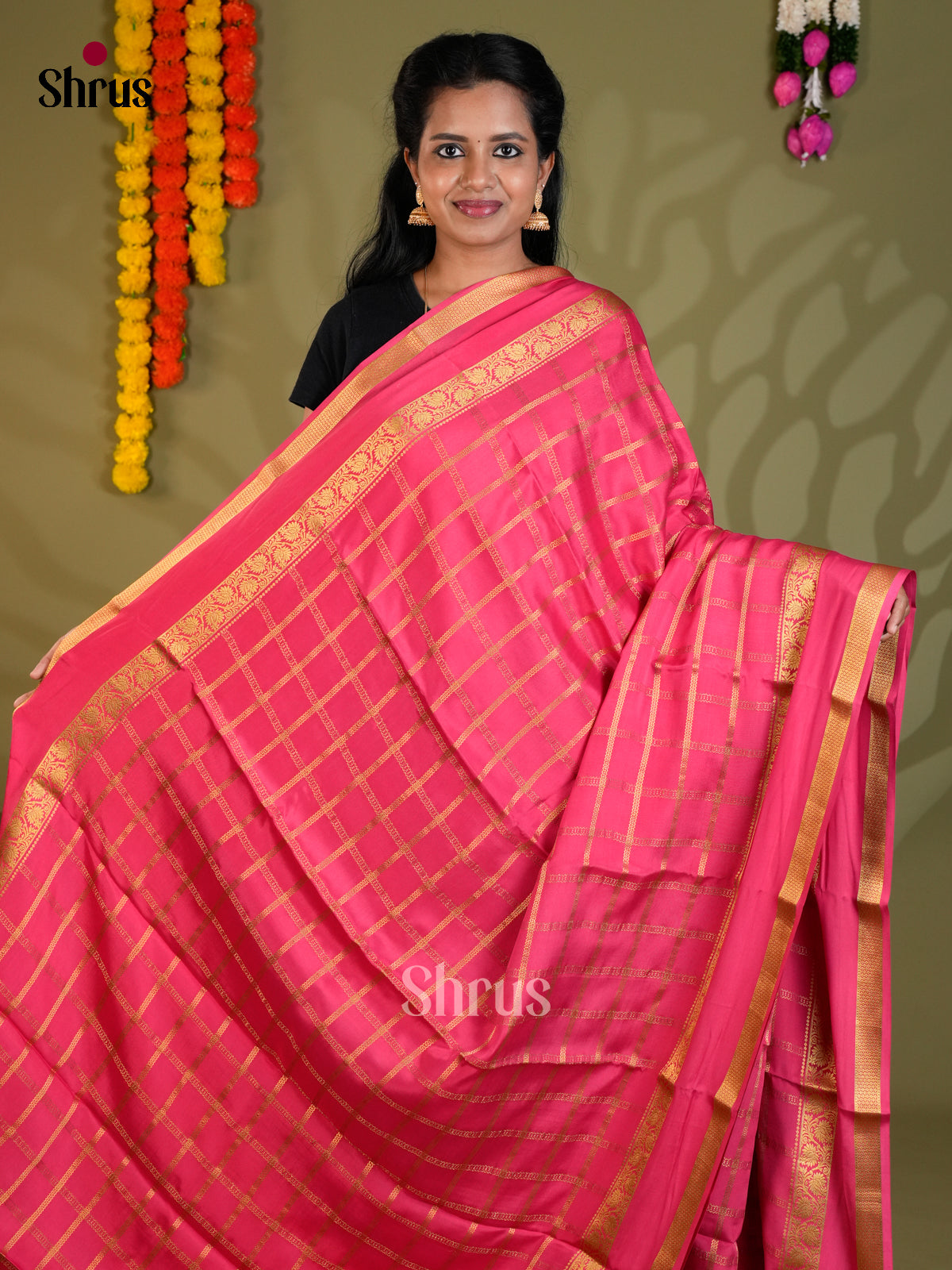 Charming Pink Mysore Silk Saree with zari checks & rettaipet border - EAS24364 - Shop on Shrus.com