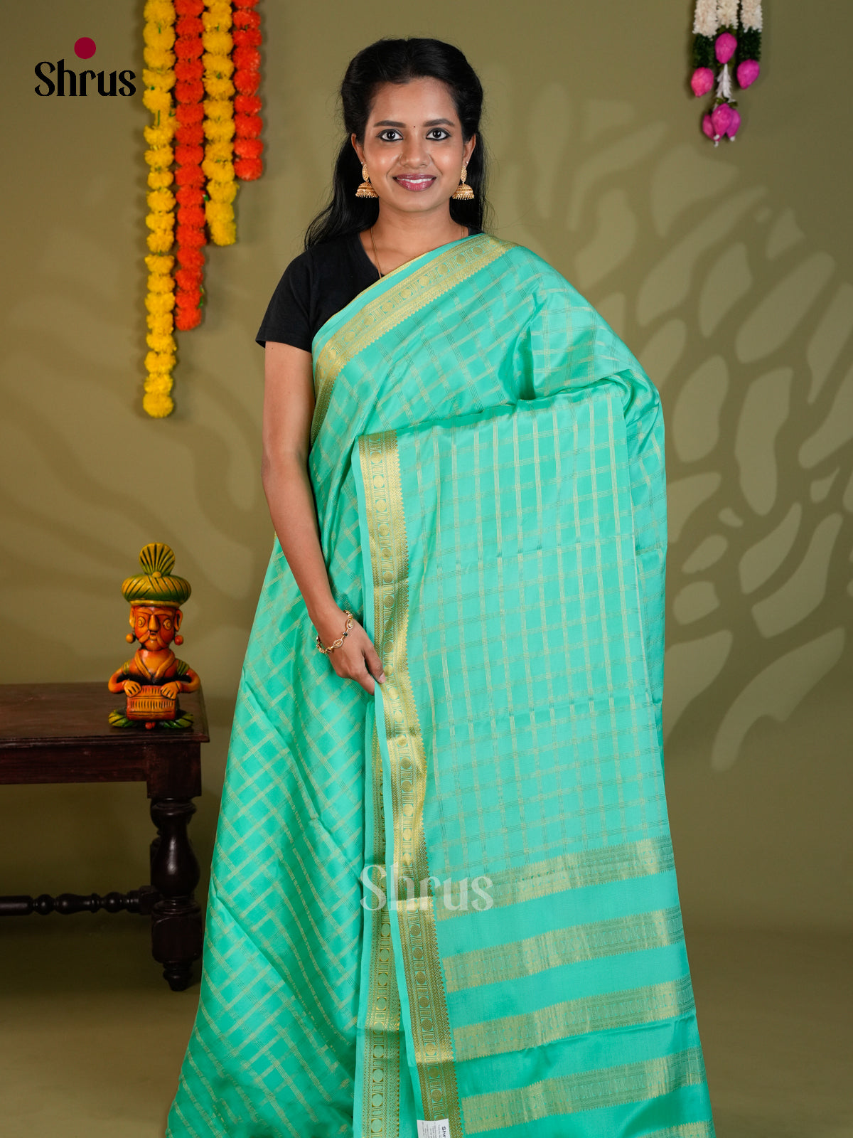 Beautiful Sea green single tone Mysore Silk Saree with zari checks - EAS24367 - Shop on Shrus.com