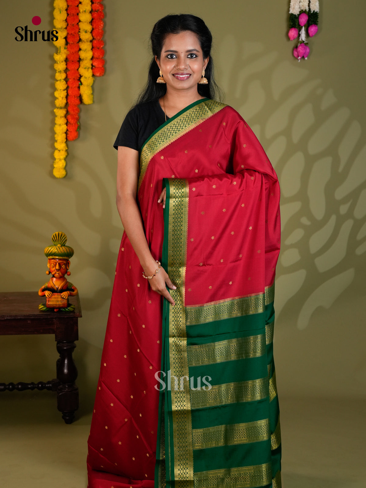 Elegant Red & Green Mysore Silk Saree with gold zari buttas & zari border- EAS24378 - Shop on Shrus.com