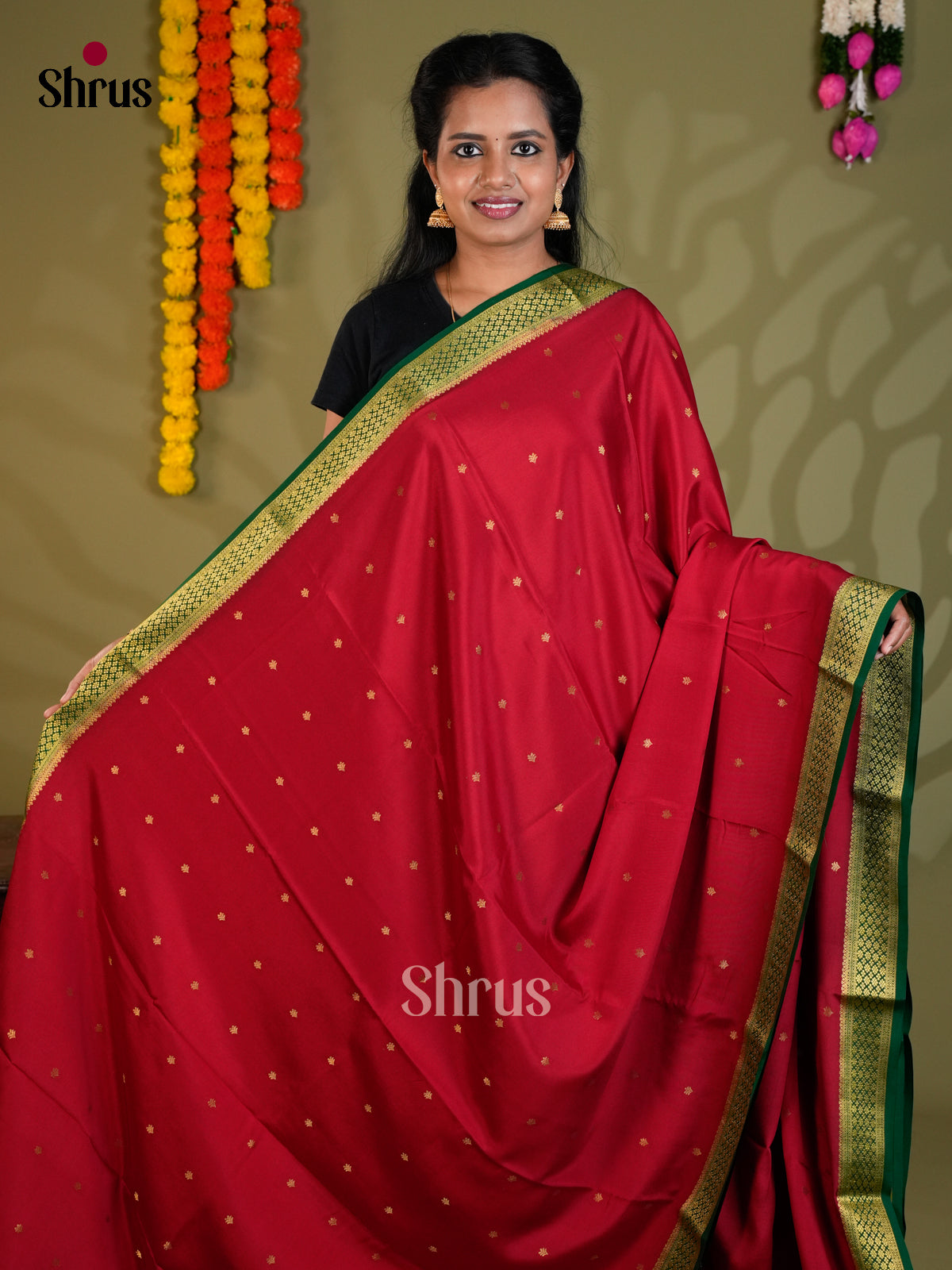 Elegant Red & Green Mysore Silk Saree with gold zari buttas & zari border- EAS24378 - Shop on Shrus.com