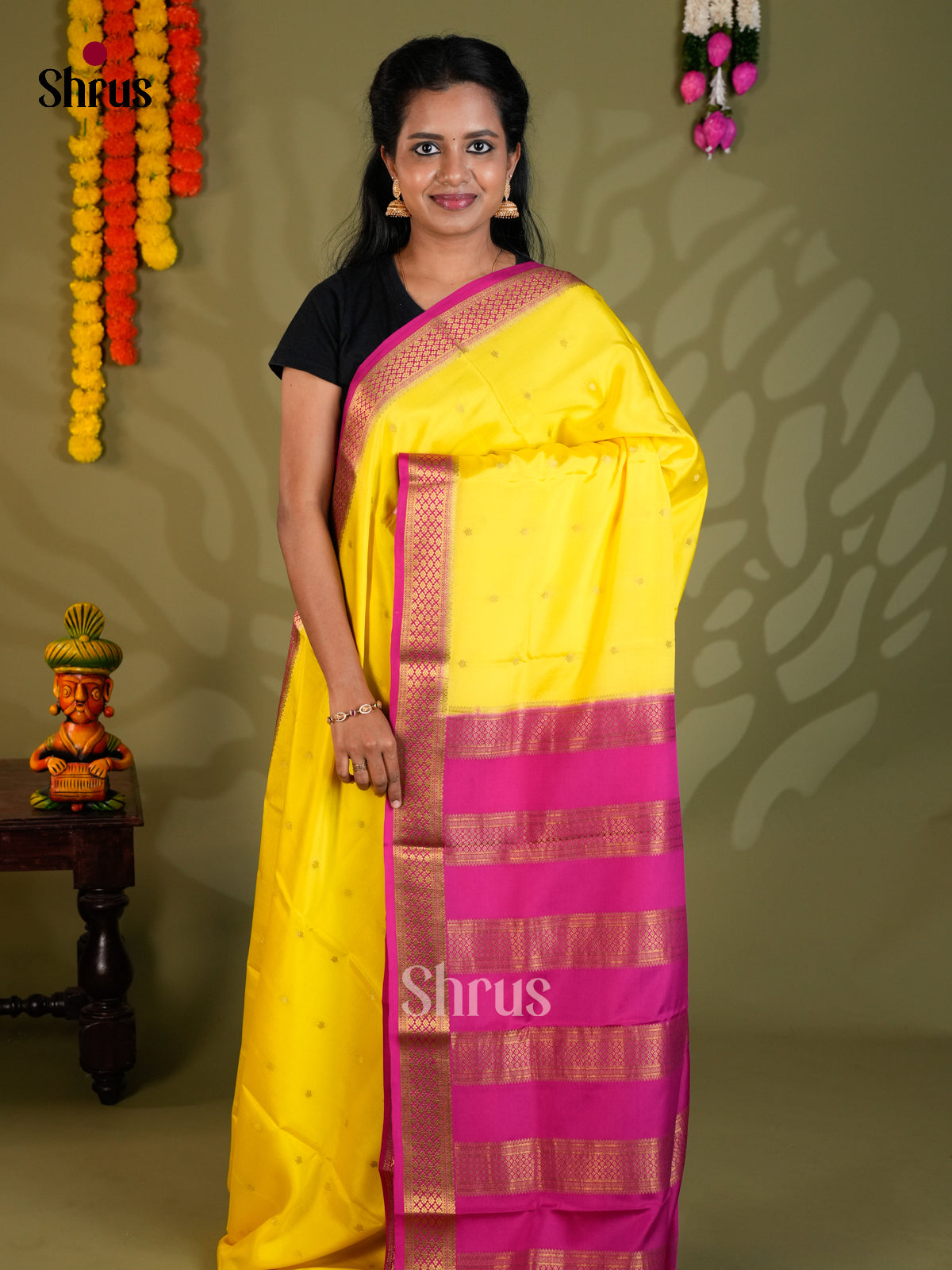 Glorious Yellow & Purple Mysore Silk Saree gleams with zari buttas & rich border-EAS24379 - Shop on Shrus.com