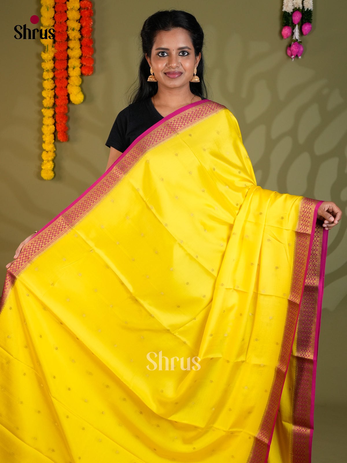 Glorious Yellow & Purple Mysore Silk Saree gleams with zari buttas & rich border-EAS24379 - Shop on Shrus.com