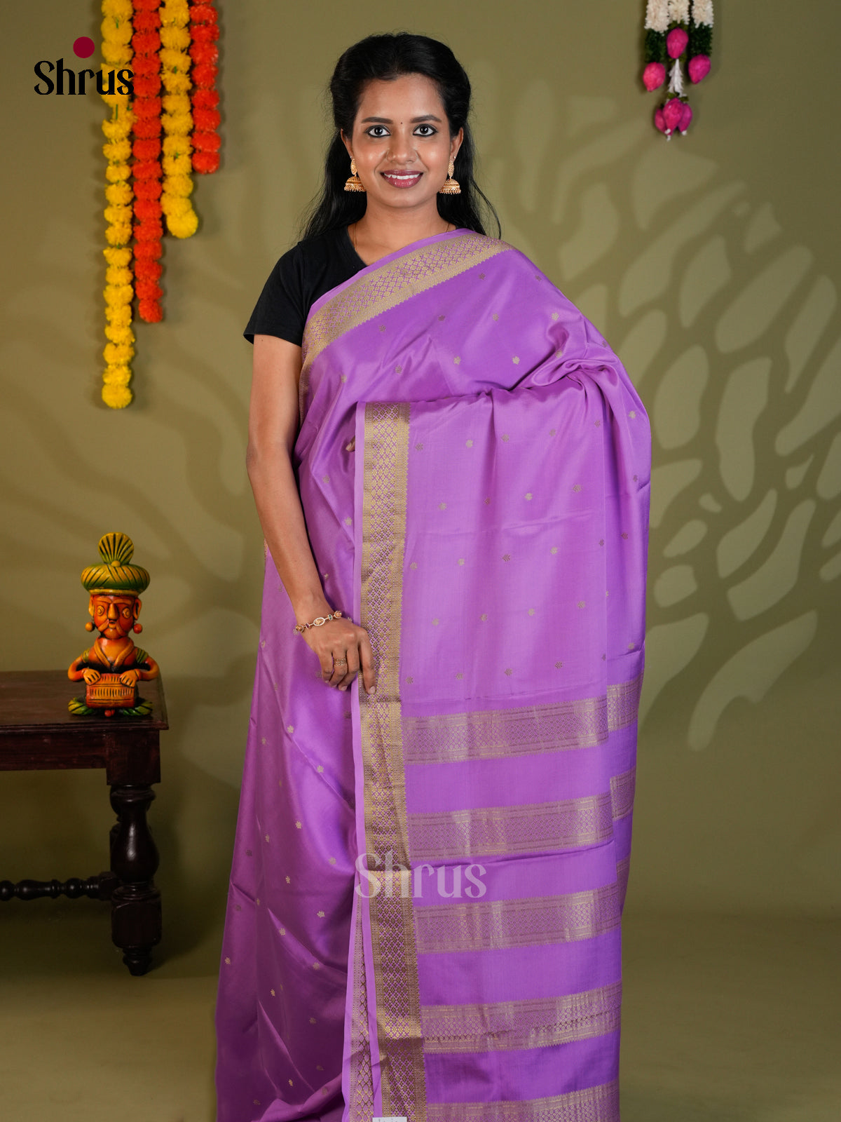 Beautiful Purple single tone Mysore Silk Saree with zari buttas - EAS24383