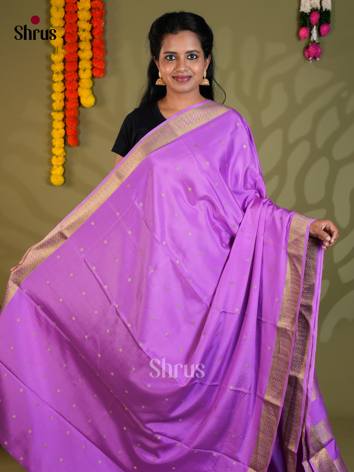 Beautiful Purple single tone Mysore Silk Saree with zari buttas - EAS24383