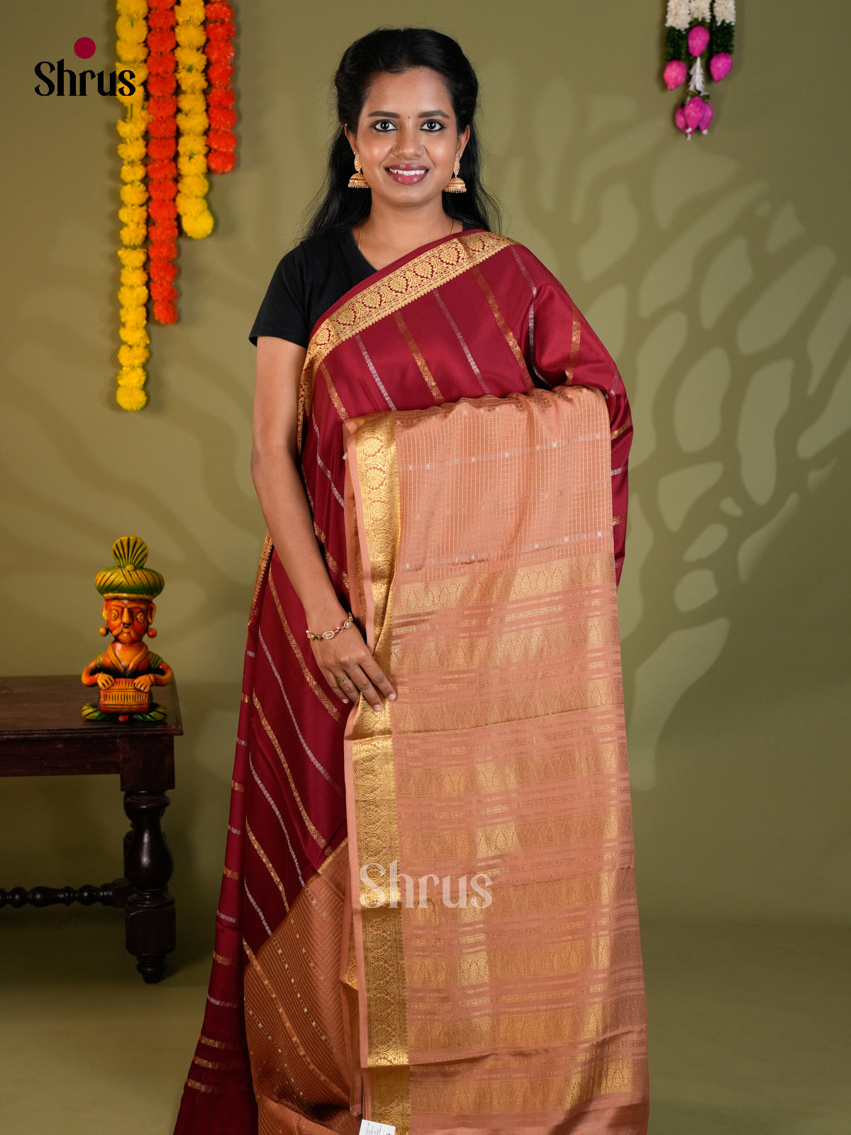 Classy Maroon & Light Brown Mysore Silk - Saree with zari stripes - EAS24403 - Shop on Shrus.com