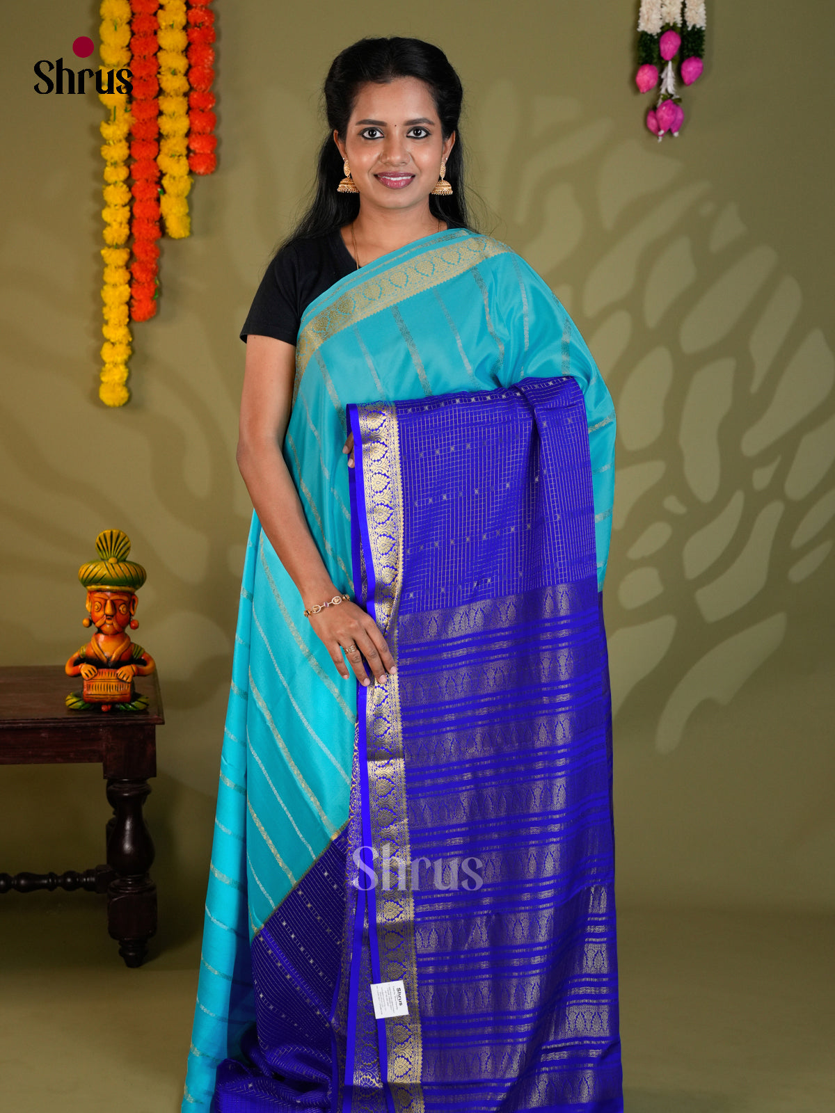 Celestial Sky Blue & Blue Mysore Silk -Saree with zari stripes & Border - EAS24405 - Shop on Shrus.com