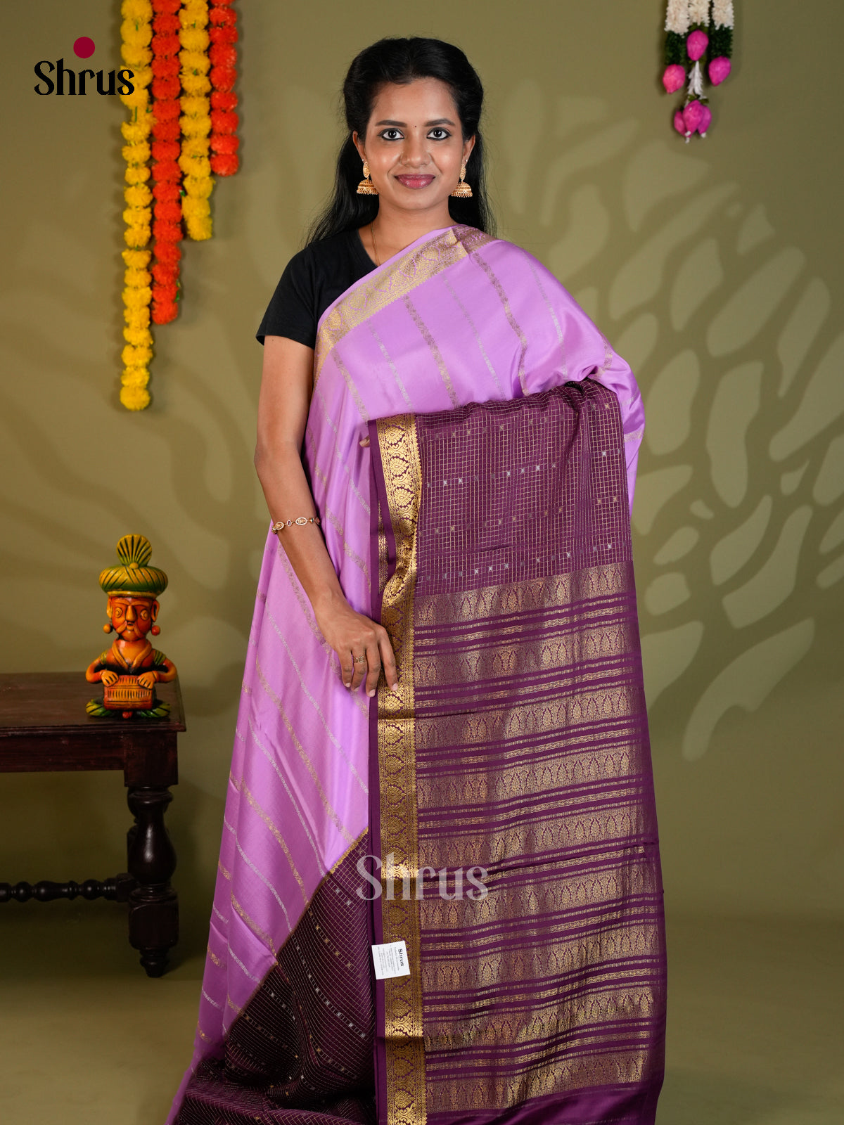 Charming Lavender & Violet half & half Mysore Silk Saree gleams with zari stripes & border - EAS24409 - Shop on Shrus.com