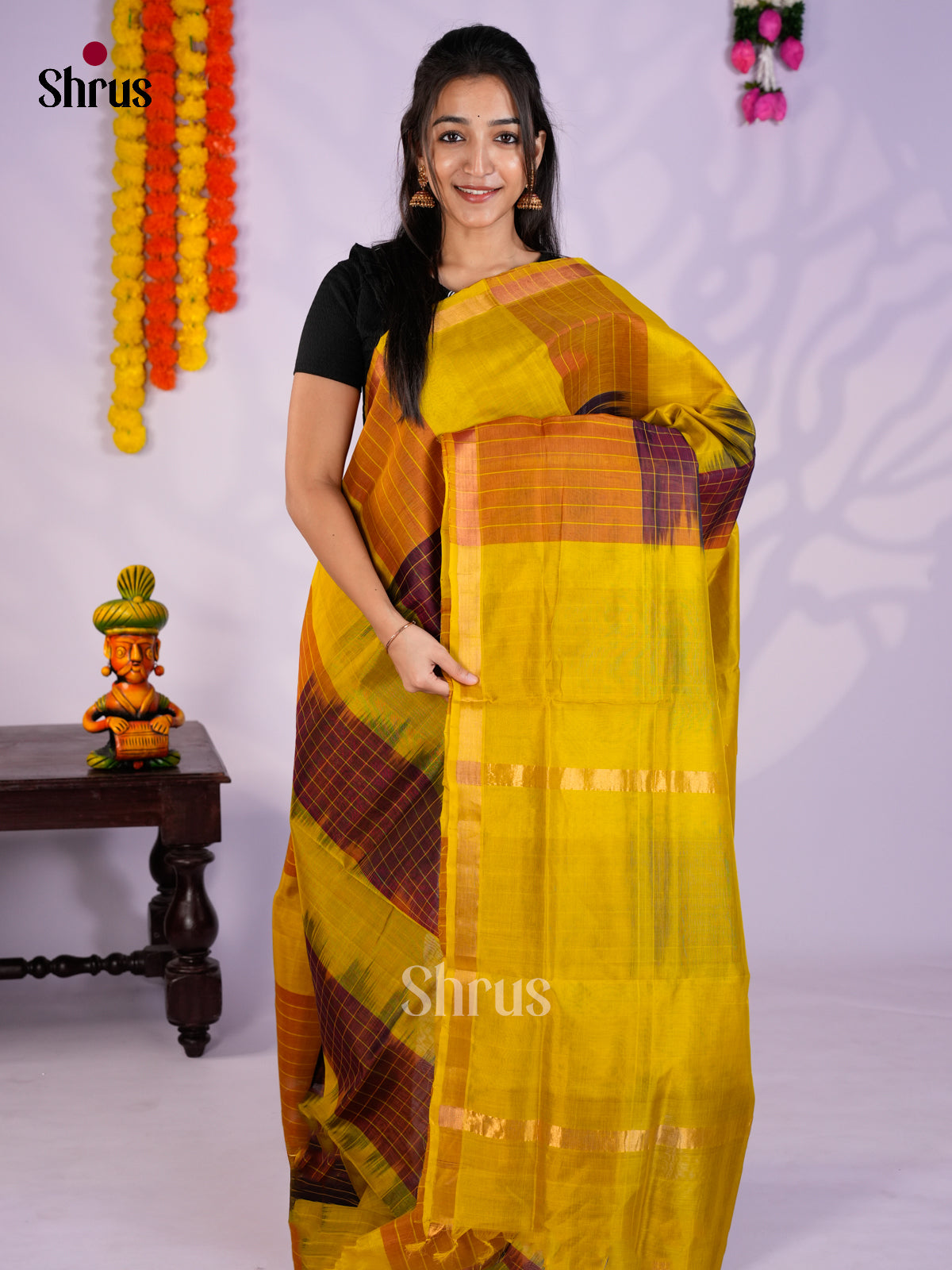 Buy Radiant Mustard Yellow & Maroon Cotton Silk Saree Online with Checks & Zari Line Border