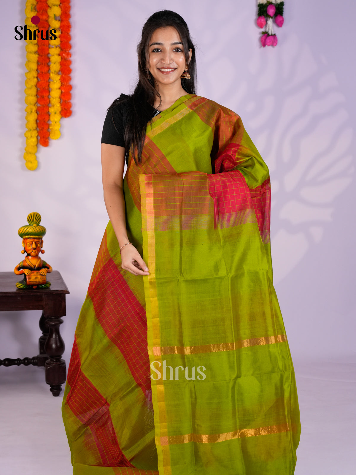 Buy Pretty Lime Green & Red Cotton Silk Saree Online with Checks & Thin Zari Border