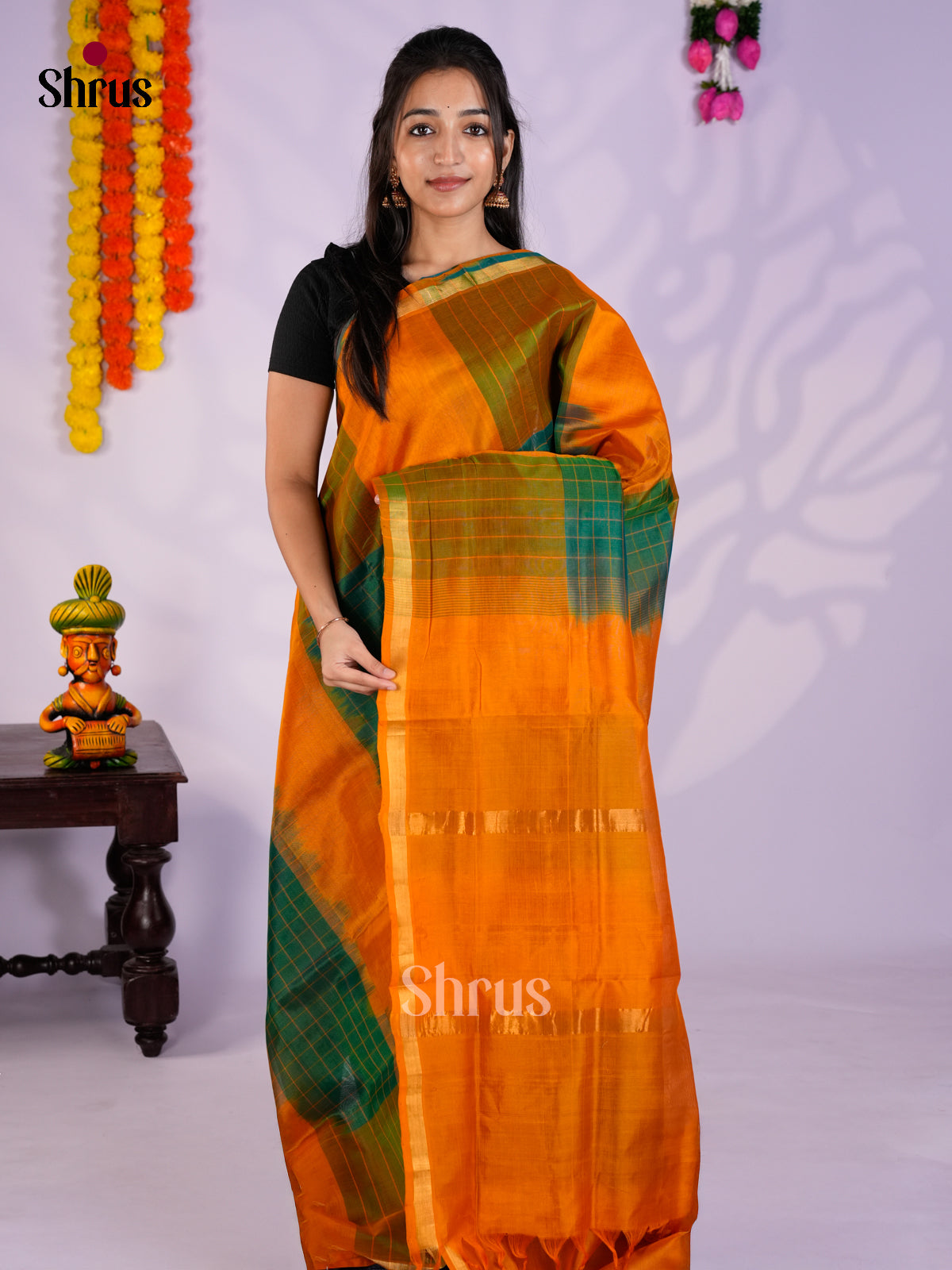 Buy Luxurious Mustard Orange & Green Cotton Silk Saree Online with Checks & Border With Zari Lines