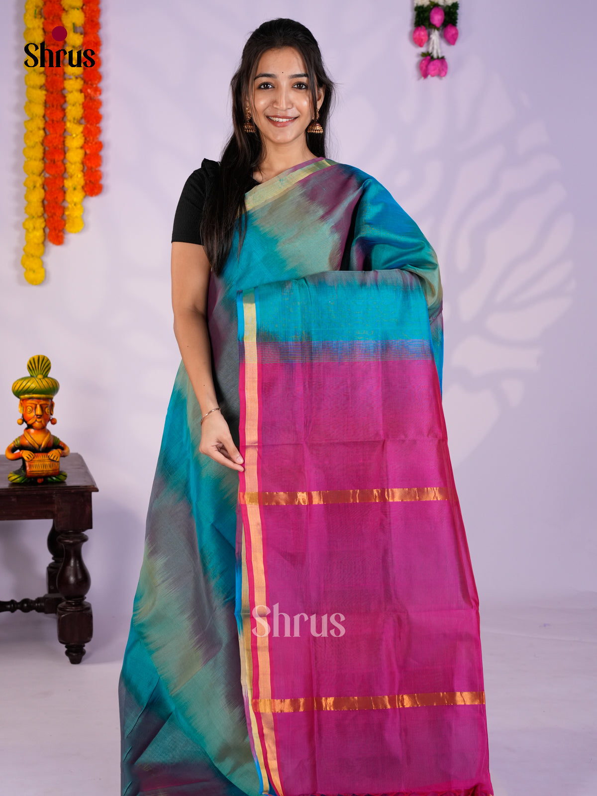 Buy Regal Light Blue Cotton Silk Saree Online with Ikkat Pattern & Purple Pallu