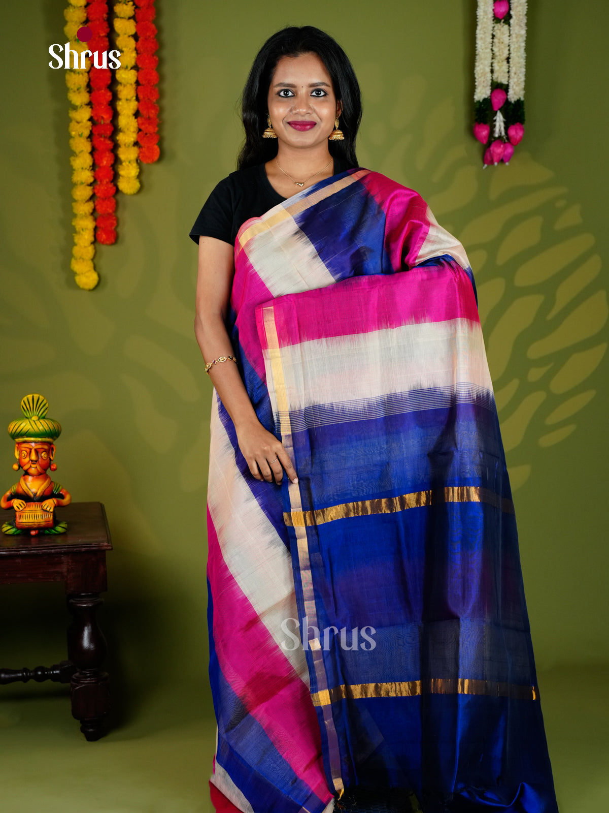 Buy Vibrant White, Pink & Blue Ikkat Printed Cotton Silk Saree Online With Zari Border