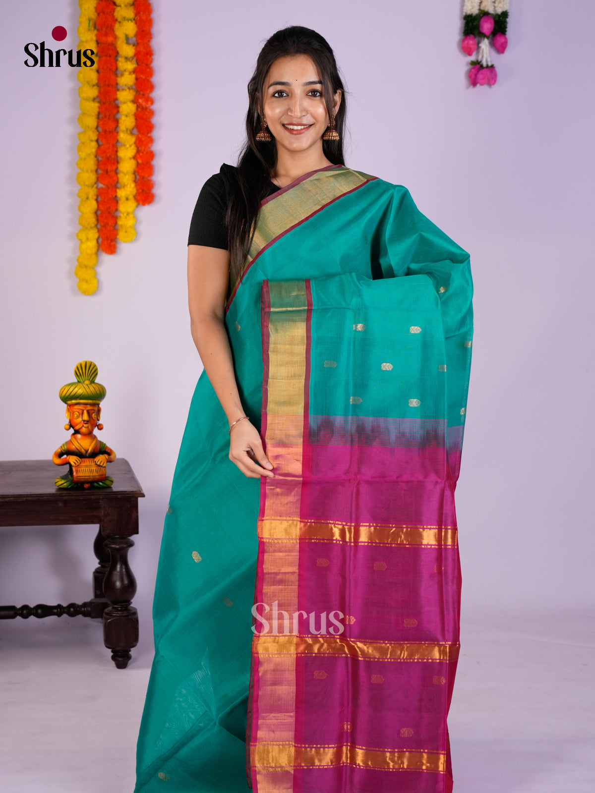 Buy Pretty Teal Cotton Silk Saree Online with Gold Buttas & Magenta Kaddi Zari Border