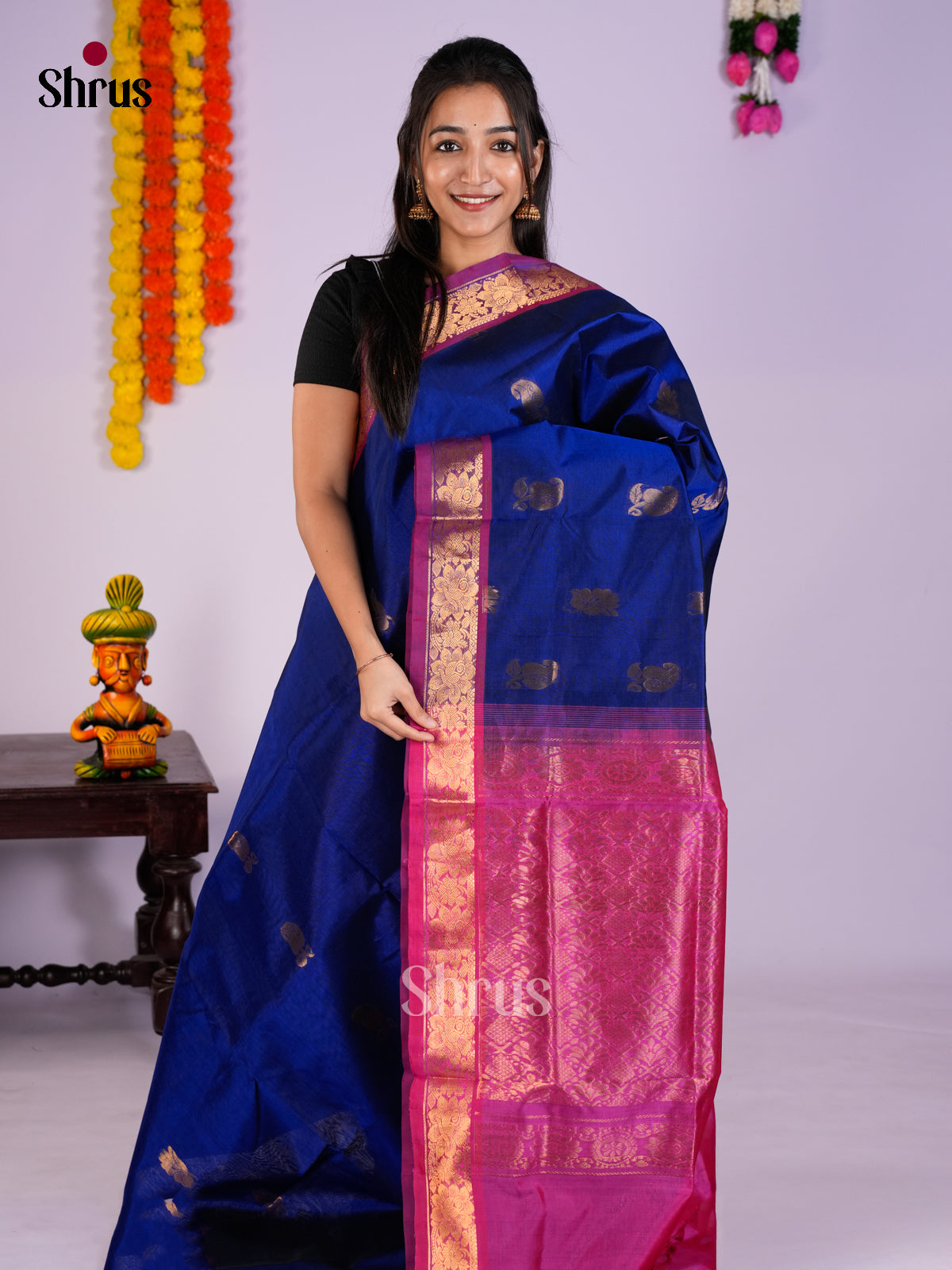Buy Royal Blue Pure Cotton Silk Saree Online with Gold Buttas & Pink Zari Woven Border