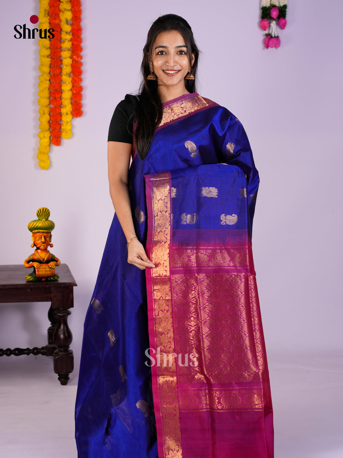 Buy Vibrant Blue Cotton Silk Saree Online with Gold Motifs & Magenta Zari Woven Border