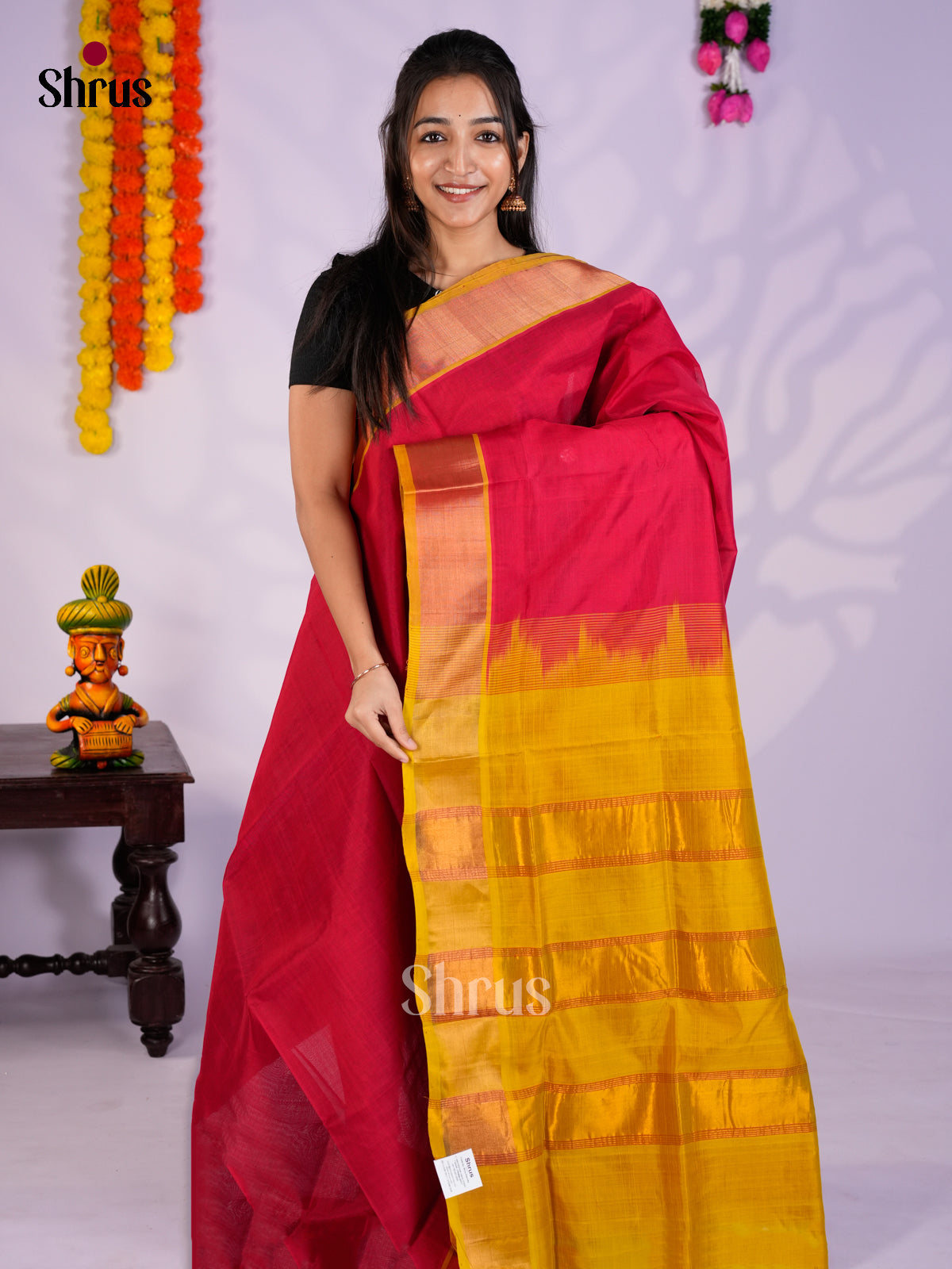 Buy Stunning Red Cotton Silk Saree with Plain Body & Mustard Green Kaddi Zari Border