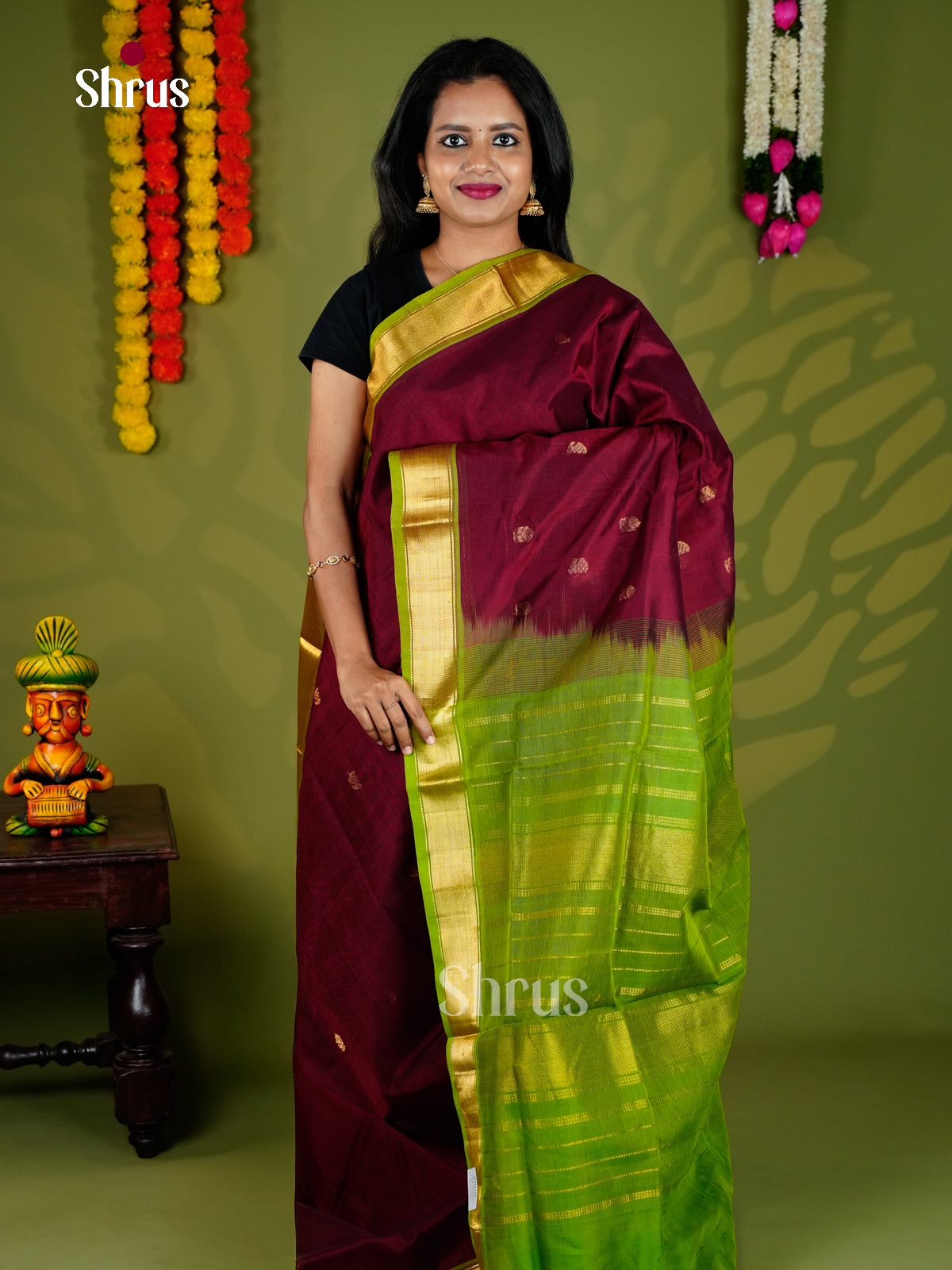 Buy Timeless Maroon Pure Silk Cotton Saree with Golden Buttas & Light Green Kaddi Border
