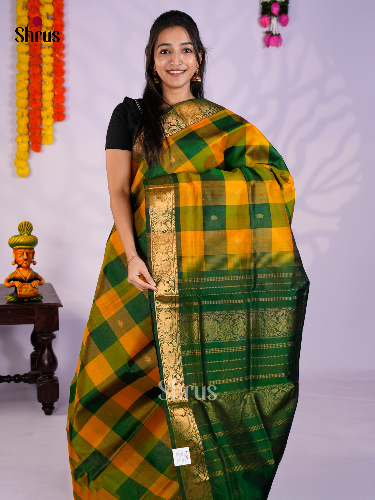 Buy Glorious Mustard & Green Pure Silk Cotton Saree With Paalum Pazhamum Pattern
