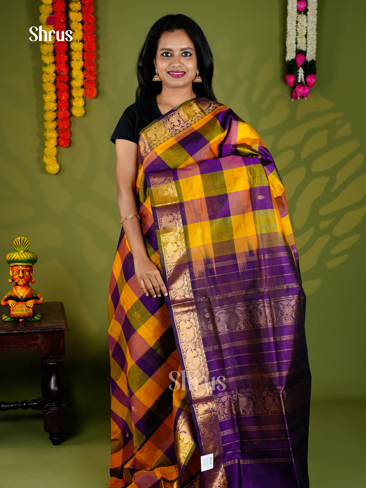 Buy Lustrous mustard & Purple Pure Silk Cotton Saree With Paalum pazhamum Kattams
