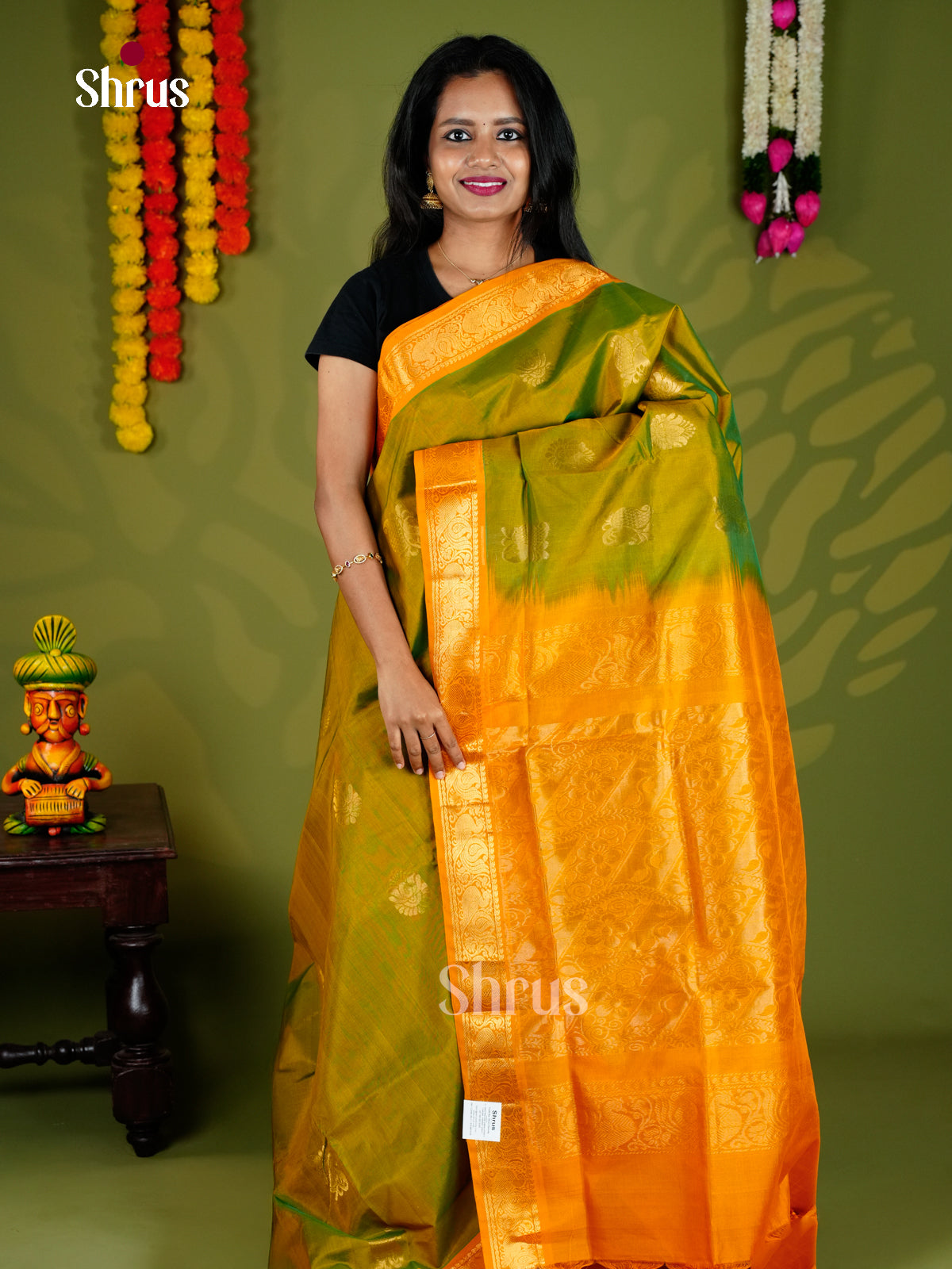 Buy Graceful Maanthulir Cotton Silk Saree Online with Paisley Floral Motifs & Mustard Zari Pallu