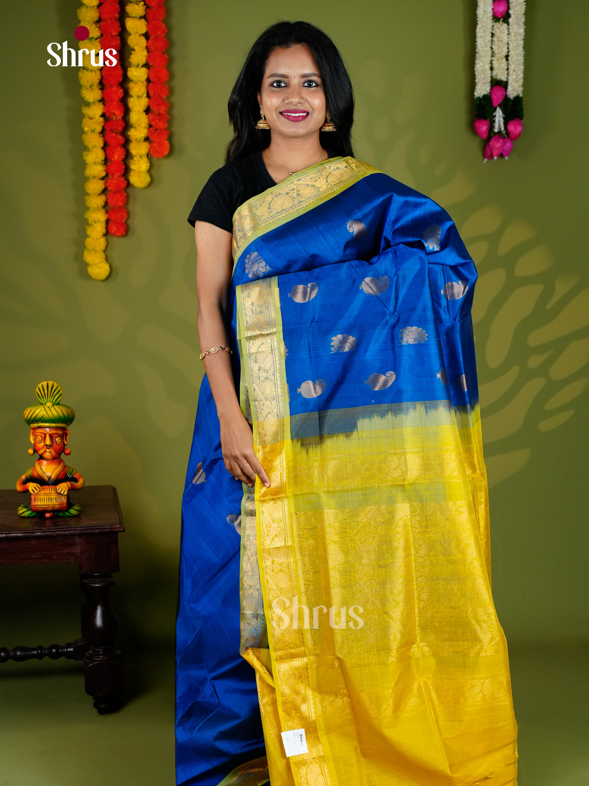 Buy Vibrant Blue Cotton Silk Saree with Floral Motifs & Light Green Zari Woven Pallu