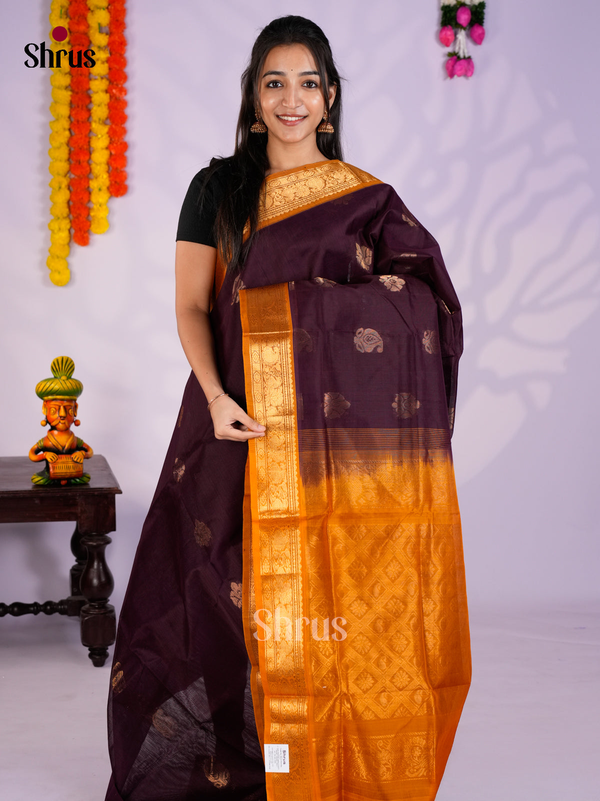 Buy Classy Brown Cotton Silk Saree with Gold Floral Motifs & Mustard Zari Border
